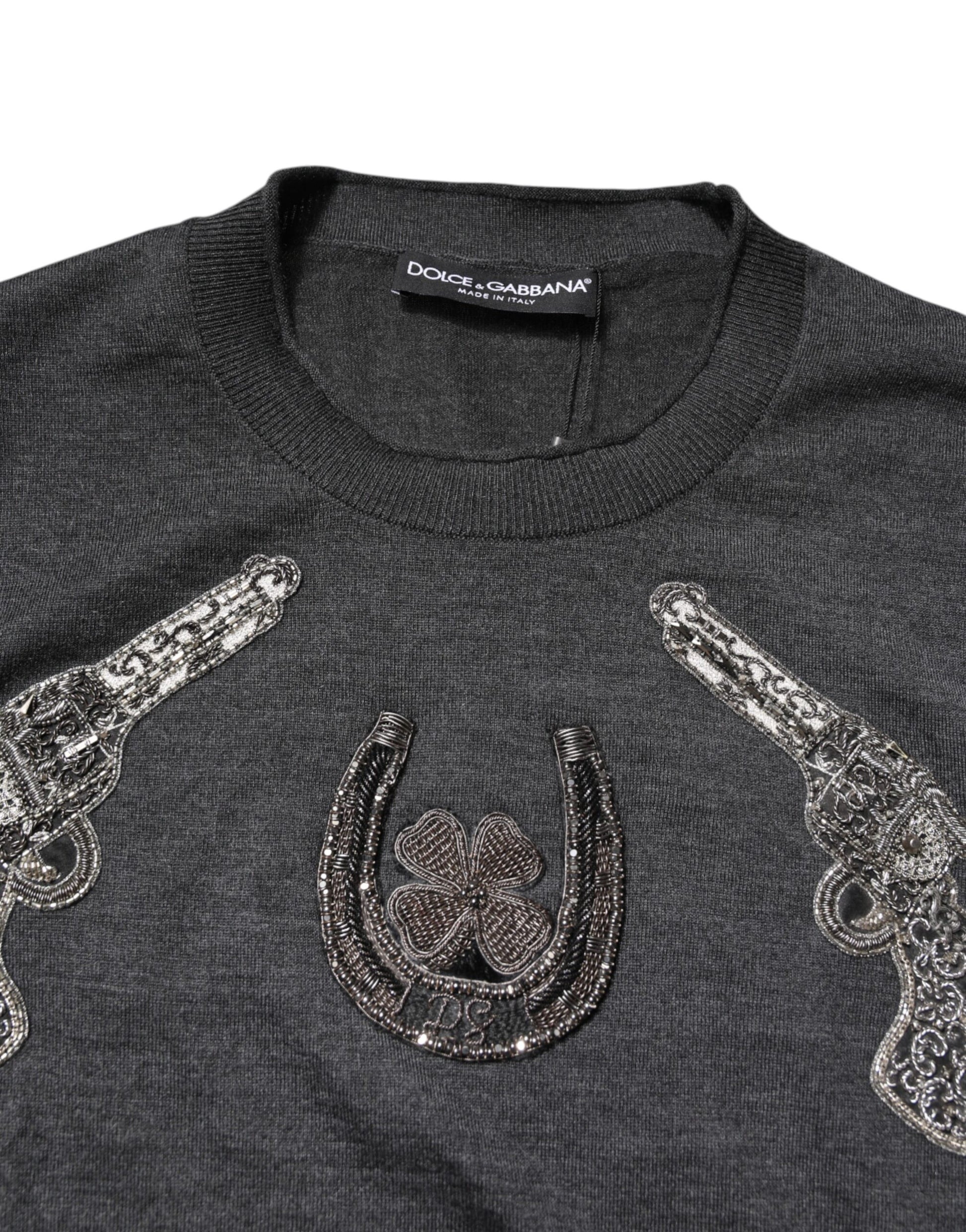 Dolce & Gabbana Gray Embroidery Knit Men Pullover Sweater - ACCEXO
