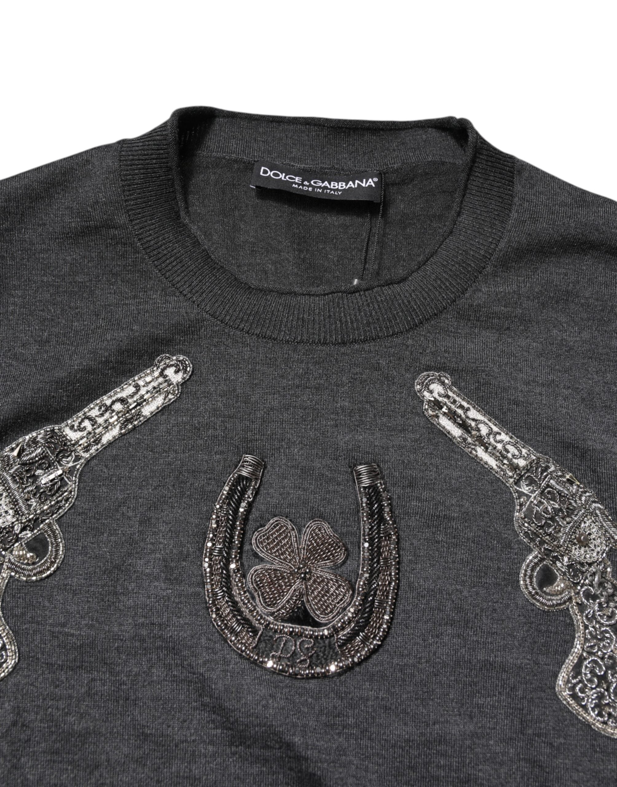 Dolce & Gabbana Gray Embroidery Knit Men Pullover Sweater - ACCEXO