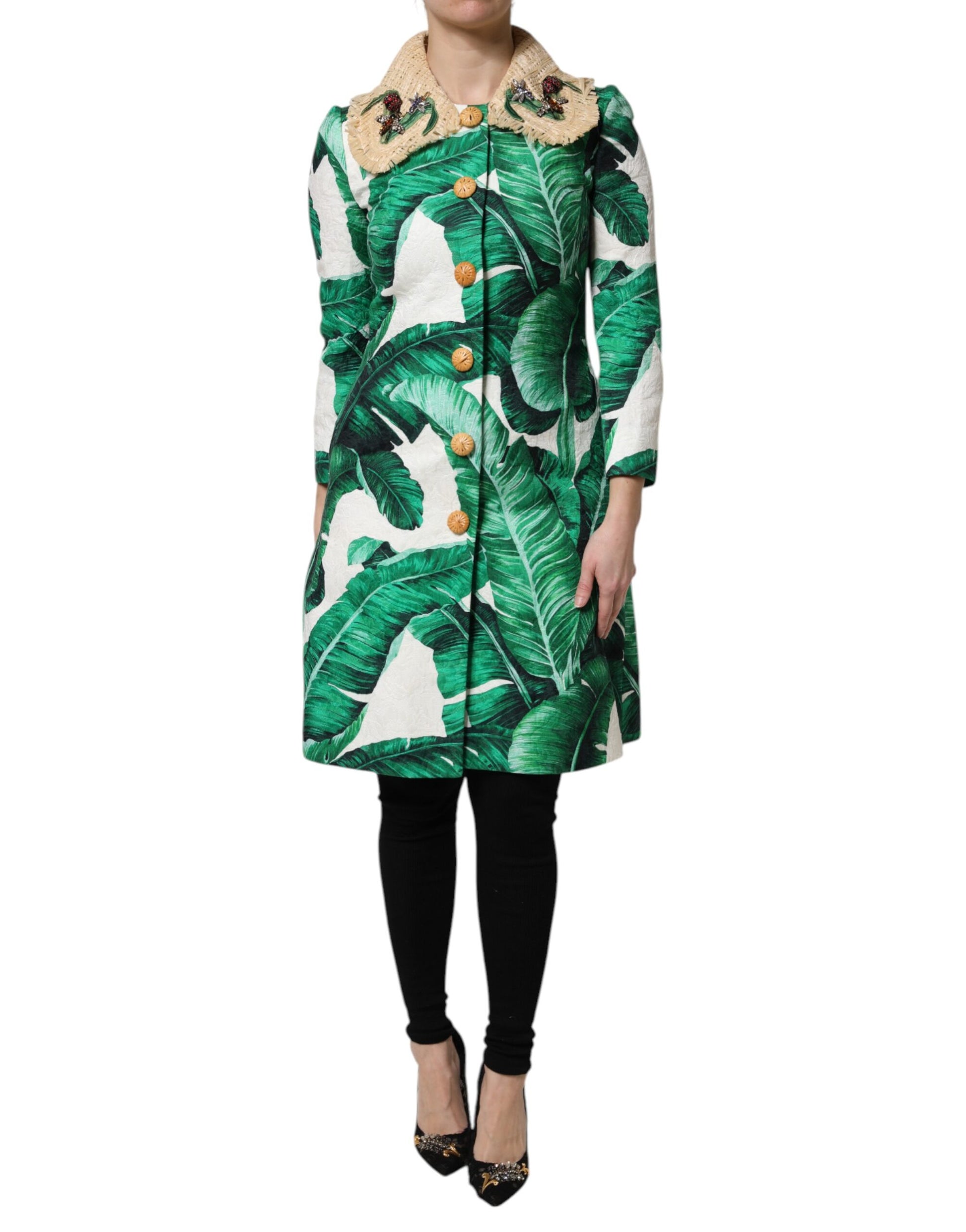 Dolce & Gabbana Multicolor Leaf Print Embellished Trenchcoat Jacket - ACCEXO