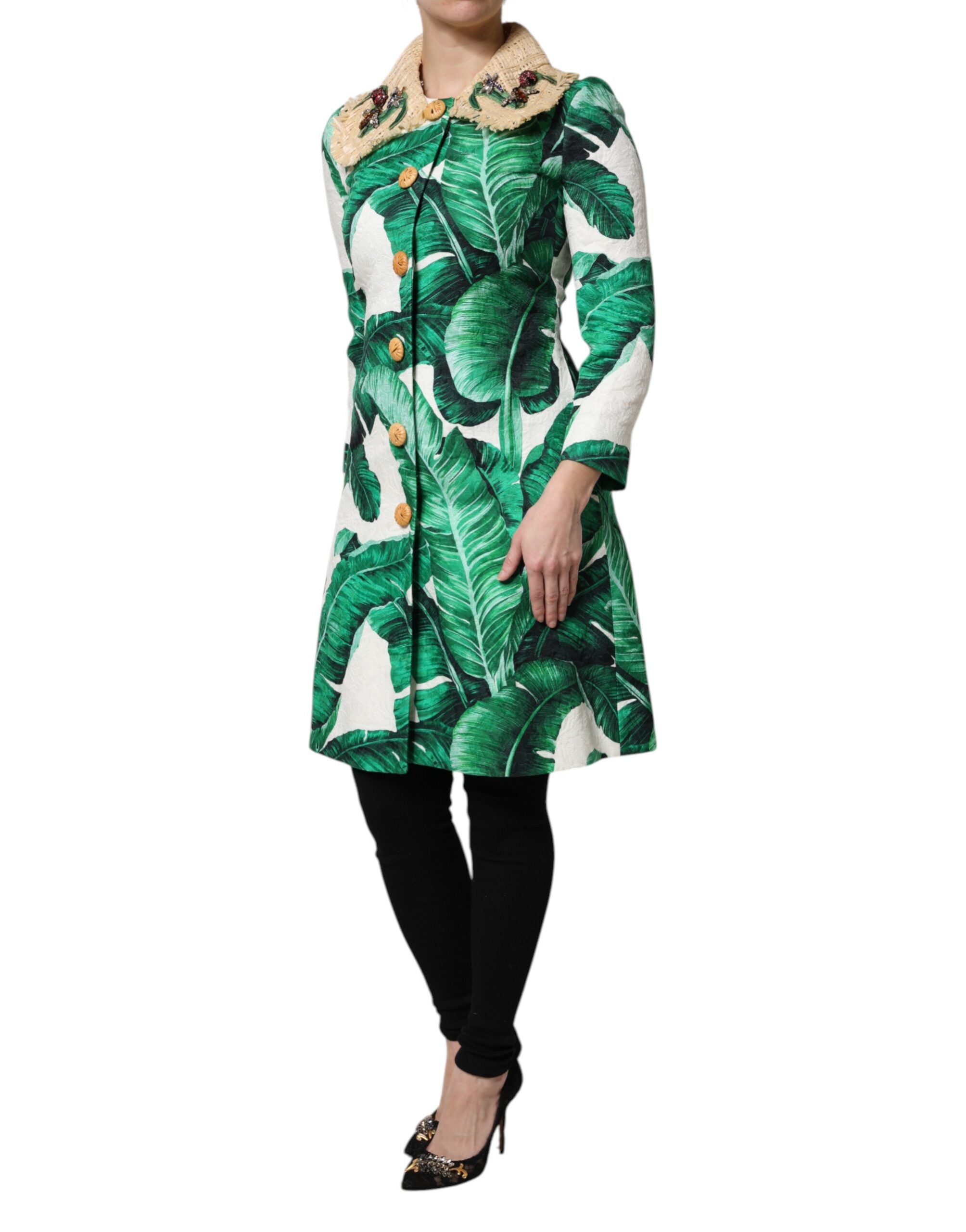 Dolce & Gabbana Multicolor Leaf Print Embellished Trenchcoat Jacket - ACCEXO