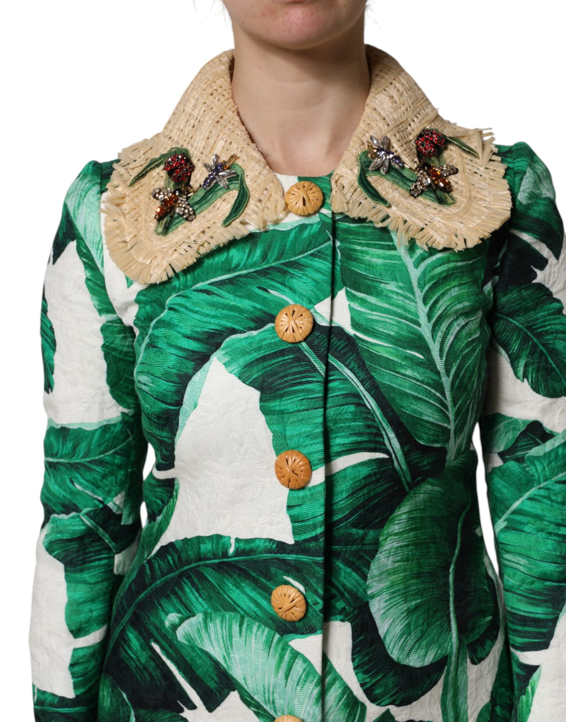 Dolce & Gabbana Multicolor Leaf Print Embellished Trenchcoat Jacket - ACCEXO