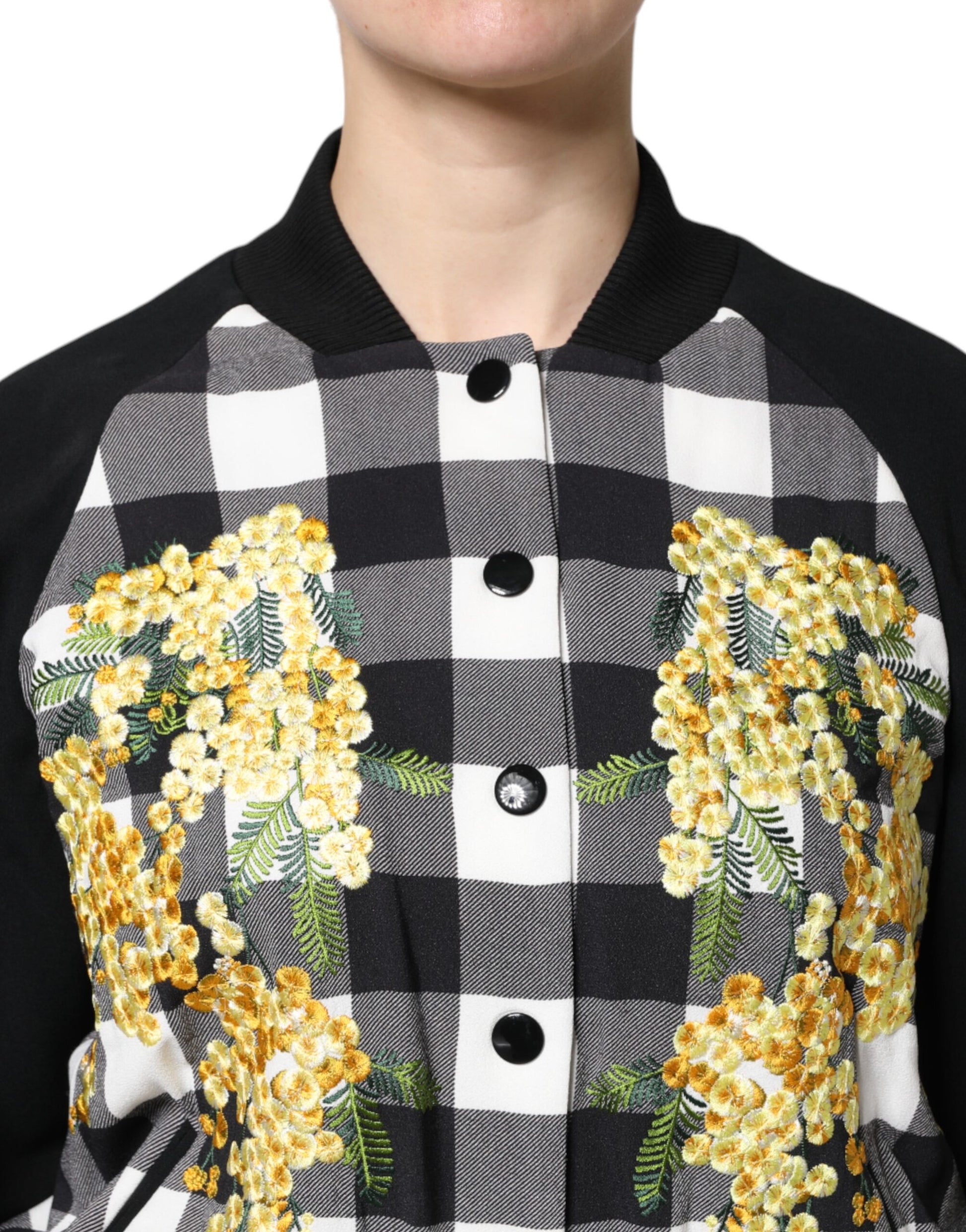 Dolce & Gabbana Black White Check Floral Button Down Jacket - ACCEXO