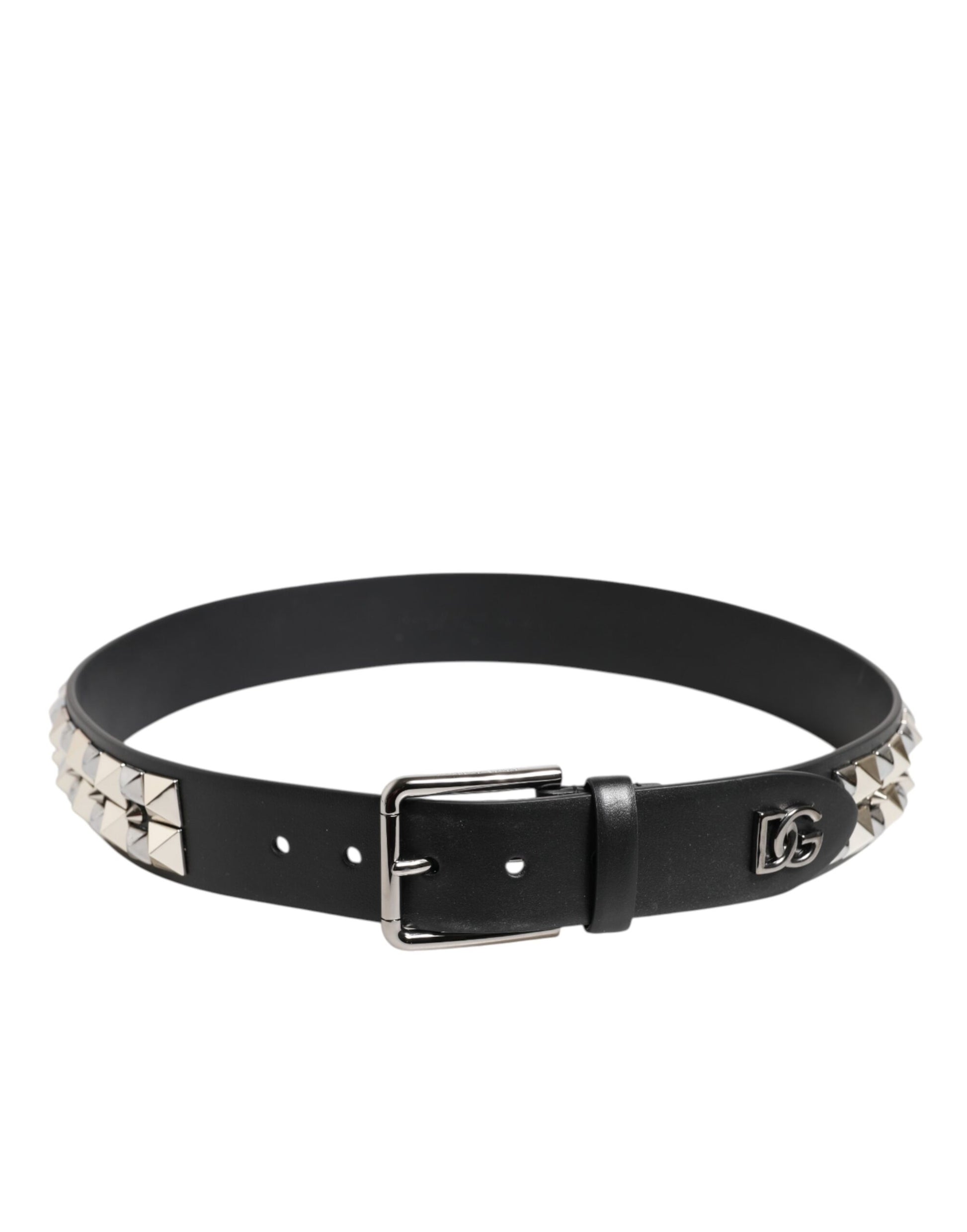 Dolce & Gabbana Black Calf Leather Studded Silver Buckle Belt - ACCEXO
