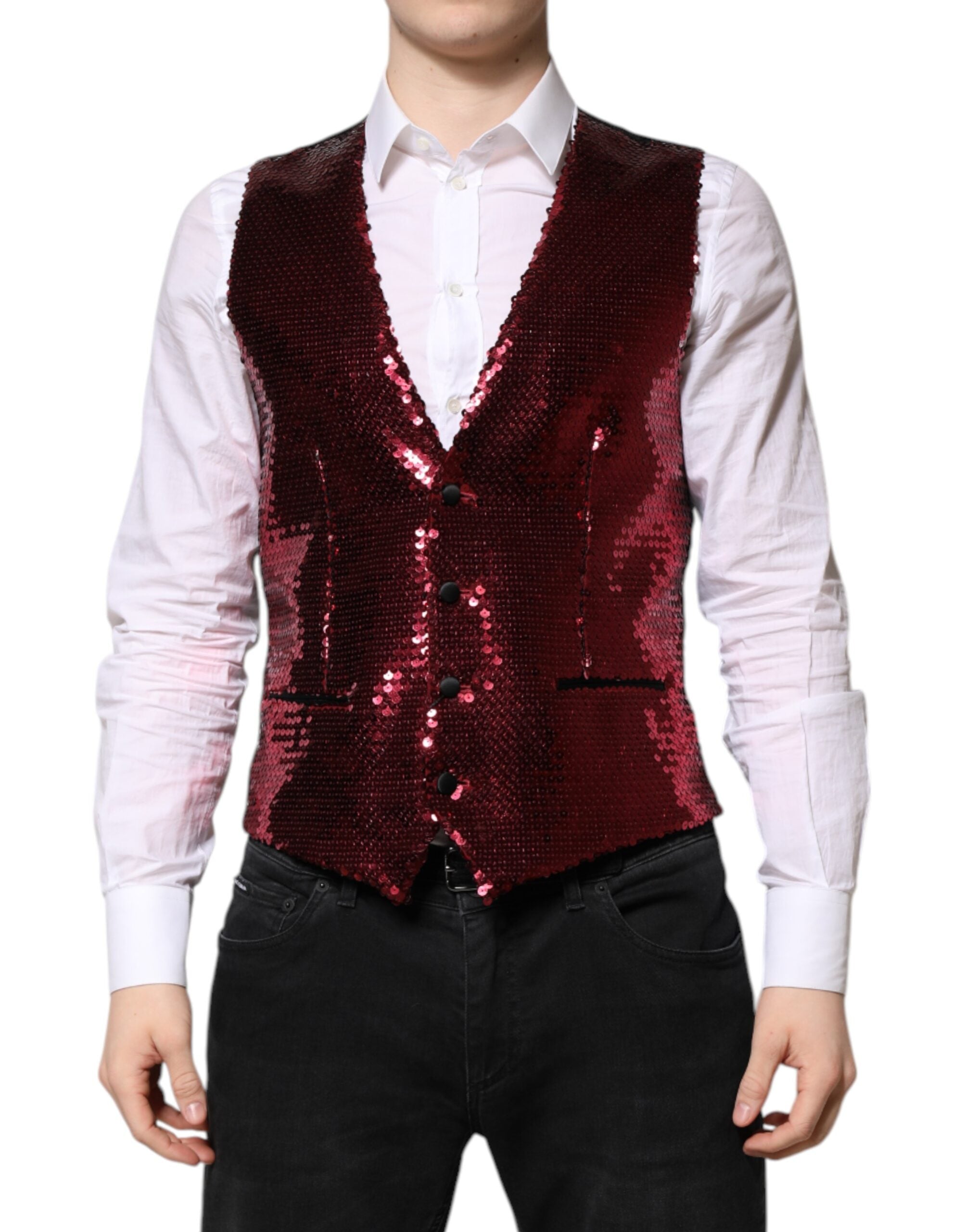 Dolce & Gabbana Red Sequined Dress Formal Men Waistcoat Vest - ACCEXO