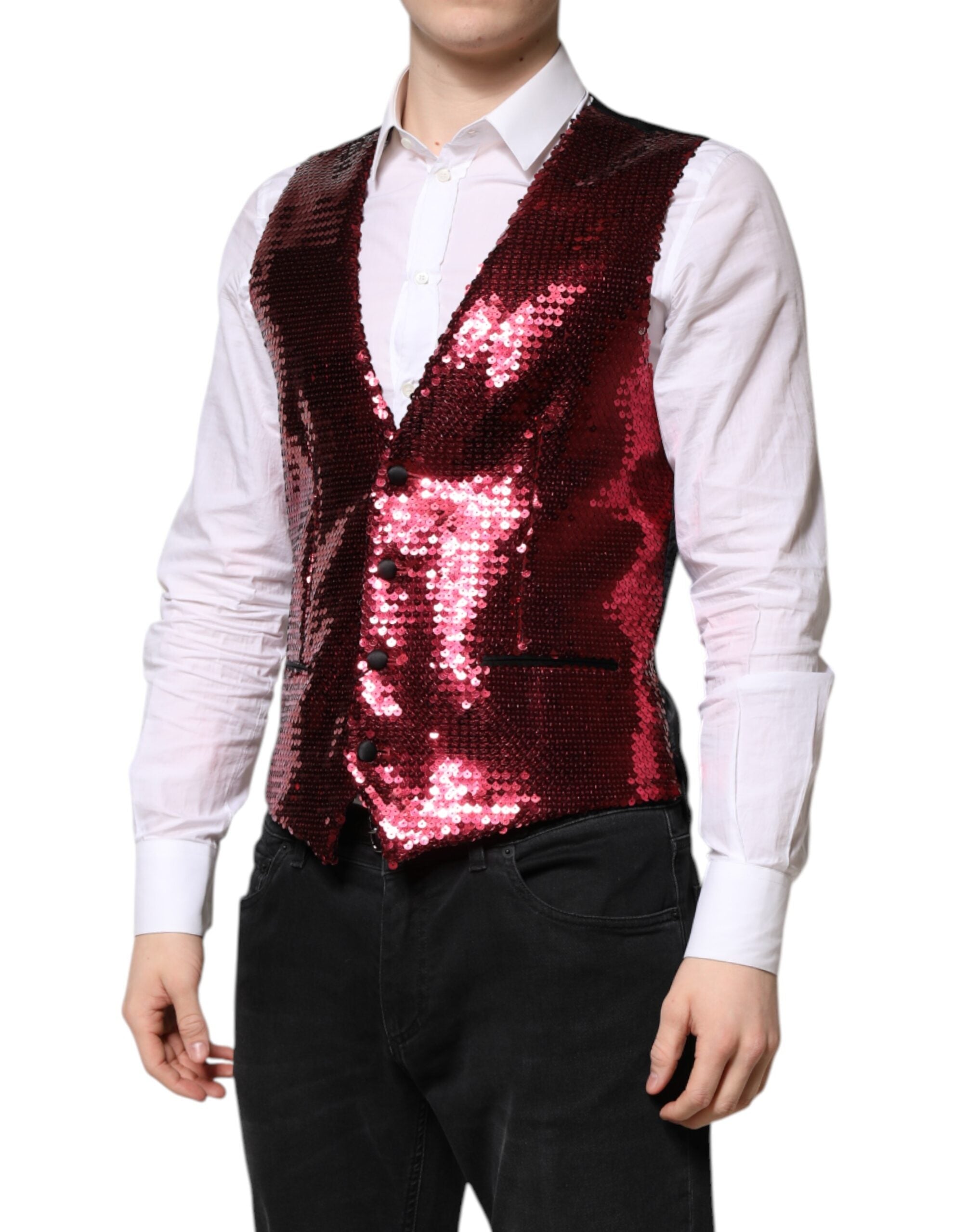 Dolce & Gabbana Red Sequined Dress Formal Men Waistcoat Vest - ACCEXO