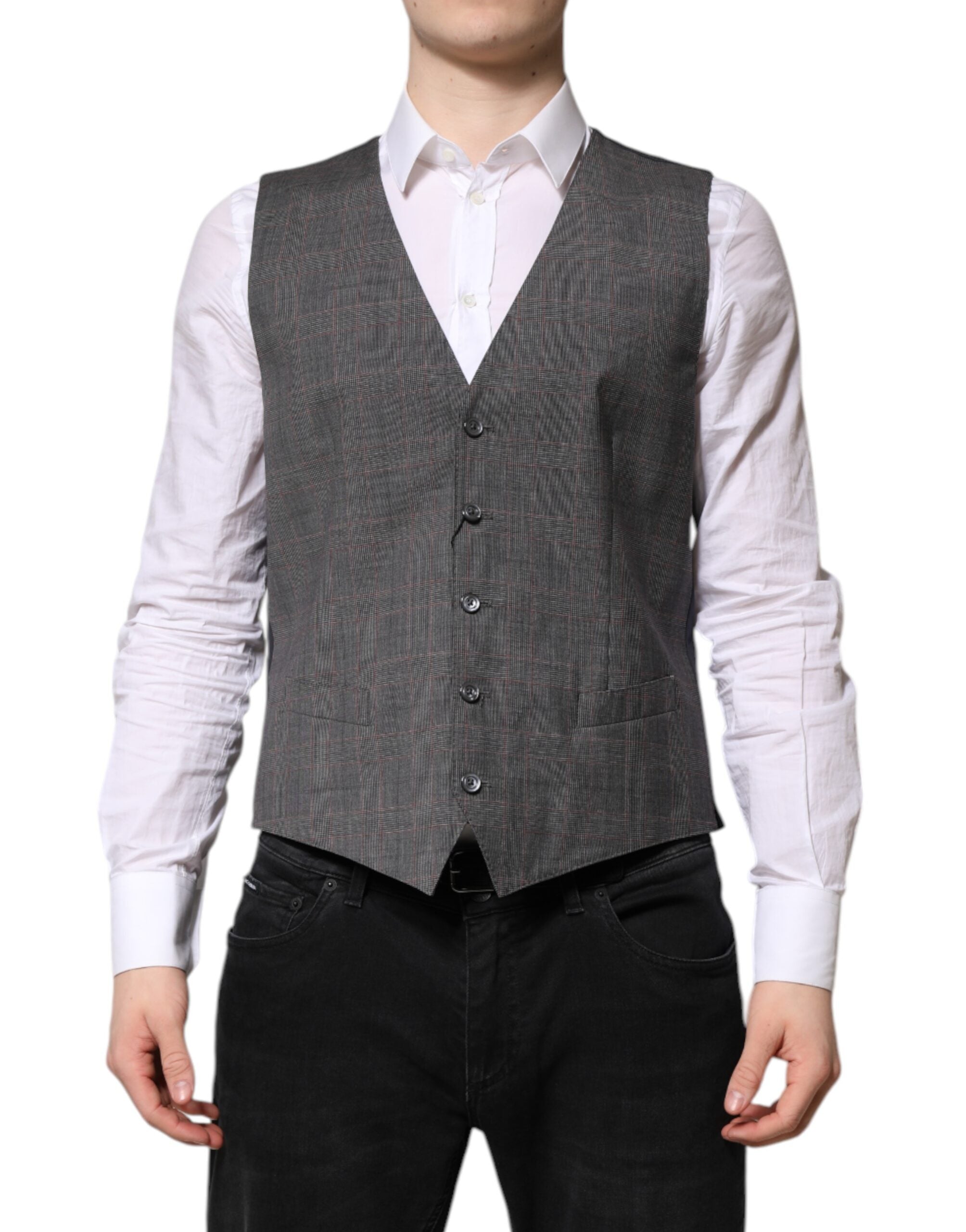 Dolce & Gabbana Gray Plaid Wool Formal Dress Waistcoat Vest - ACCEXO Main image
