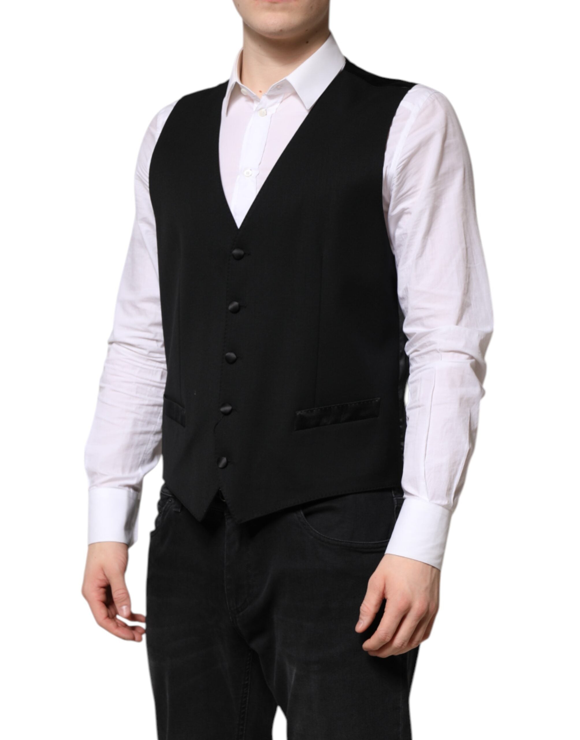 Dolce & Gabbana Black Wool Dress Formal Men Waistcoat Vest - ACCEXO