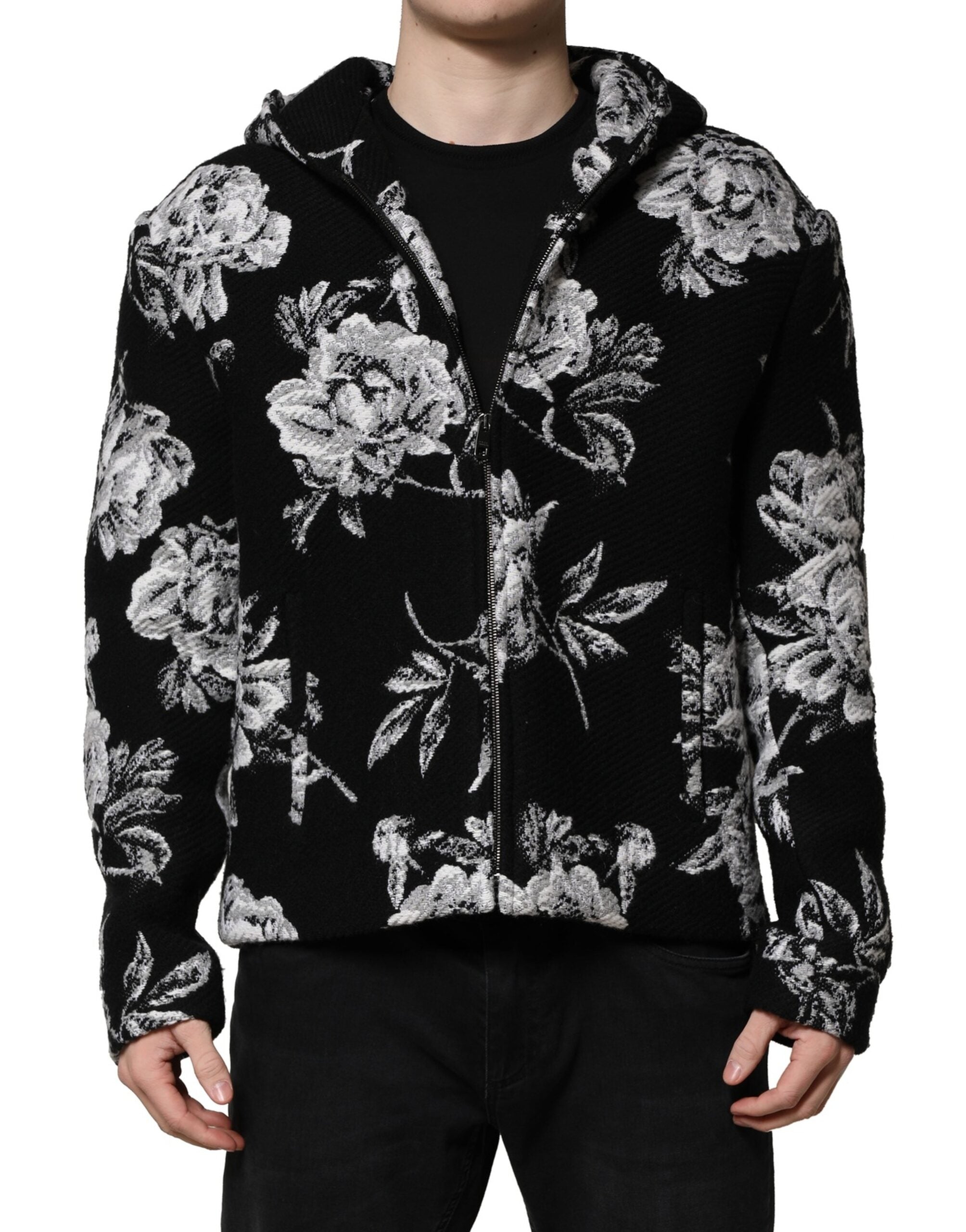 Dolce & Gabbana Black Wool Floral Printed Men Hooded Jacket - ACCEXO