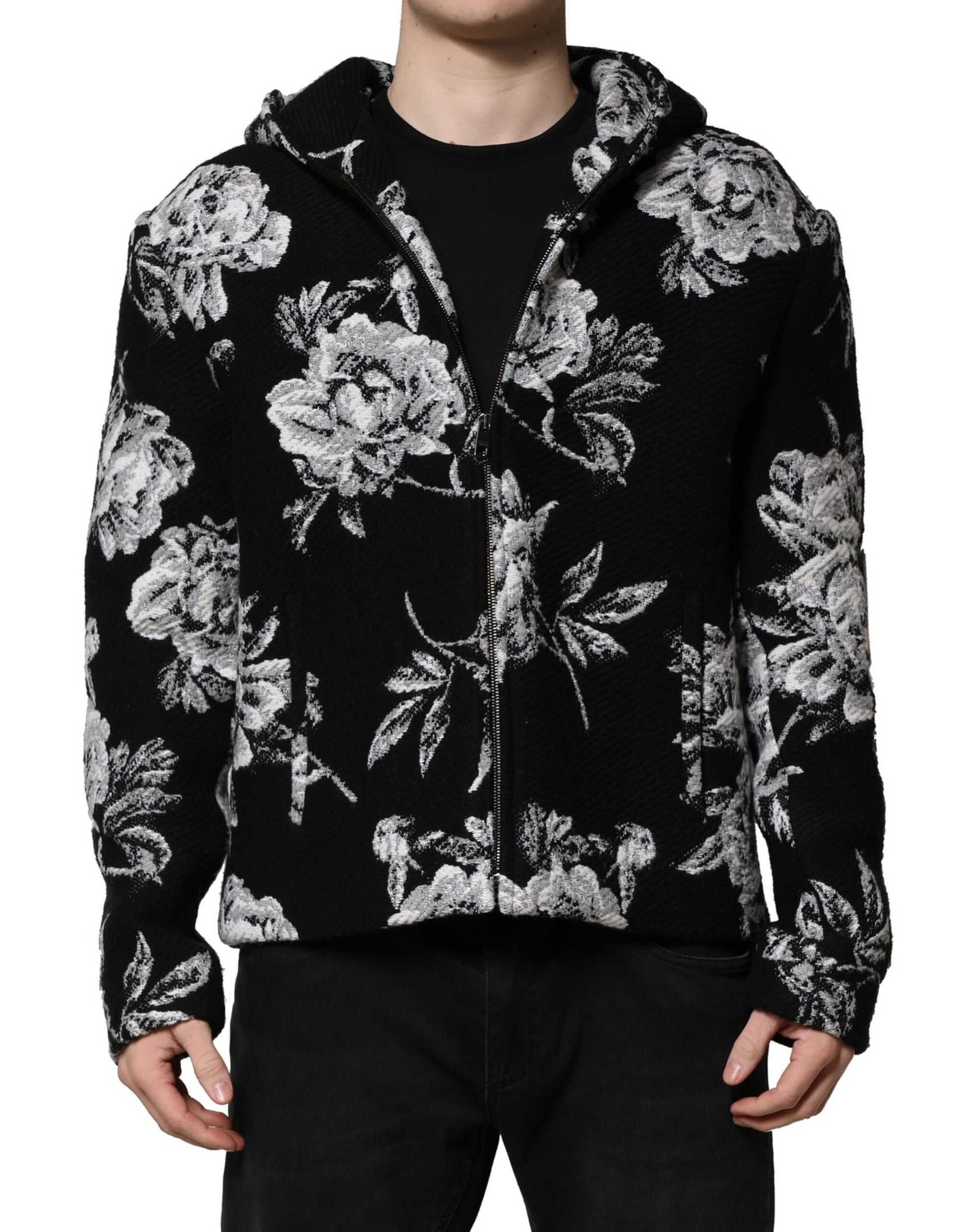 Dolce & Gabbana Black Wool Floral Printed Men Hooded Jacket - ACCEXO