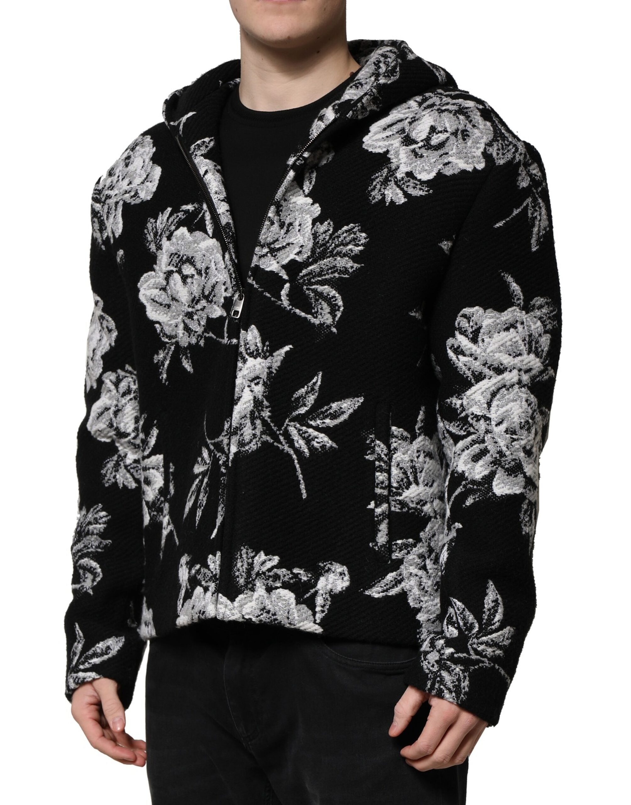 Dolce & Gabbana Black Wool Floral Printed Men Hooded Jacket - ACCEXO