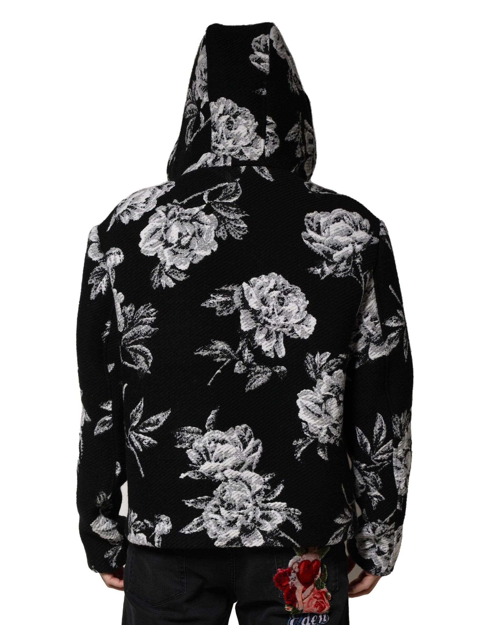 Dolce & Gabbana Black Wool Floral Printed Men Hooded Jacket - ACCEXO