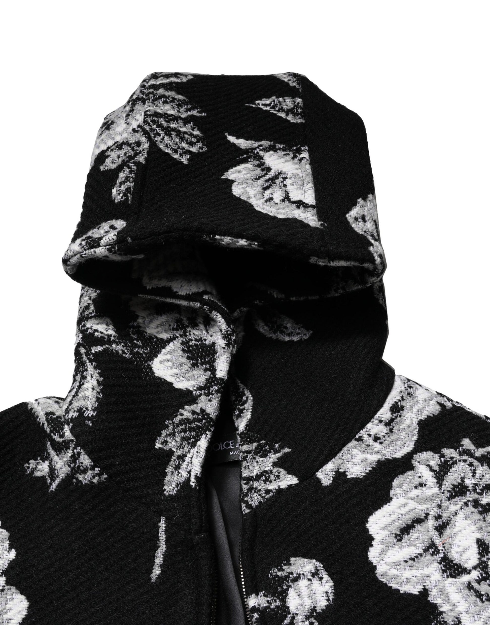 Dolce & Gabbana Black Wool Floral Printed Men Hooded Jacket - ACCEXO