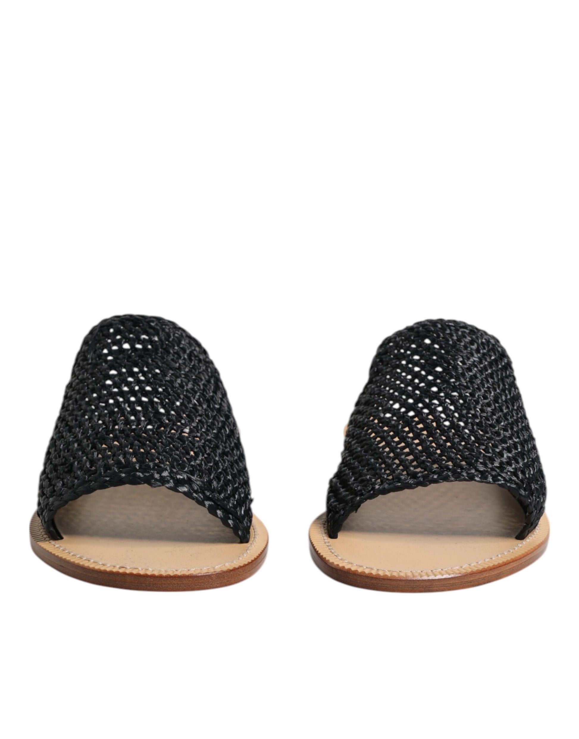 Dolce & Gabbana Black Monochrome Braided Raffia Slides Shoes - ACCEXO