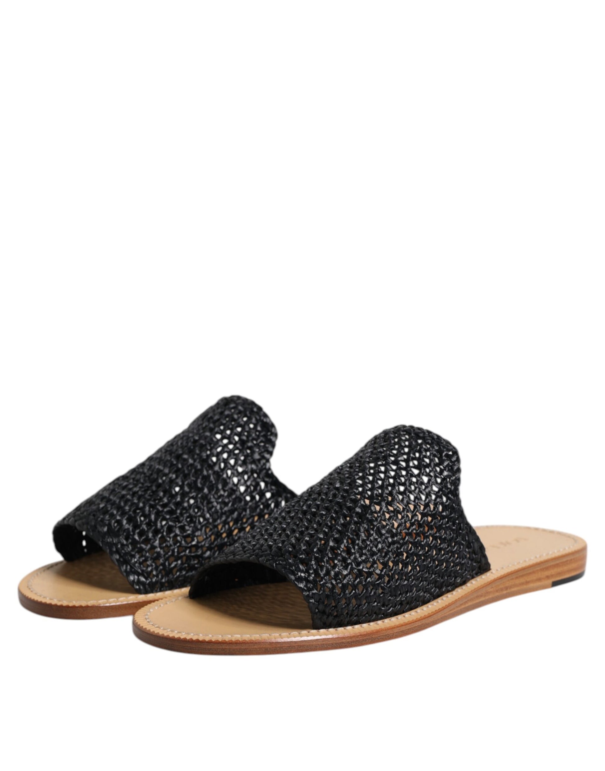 Dolce & Gabbana Black Monochrome Braided Raffia Slides Shoes - ACCEXO