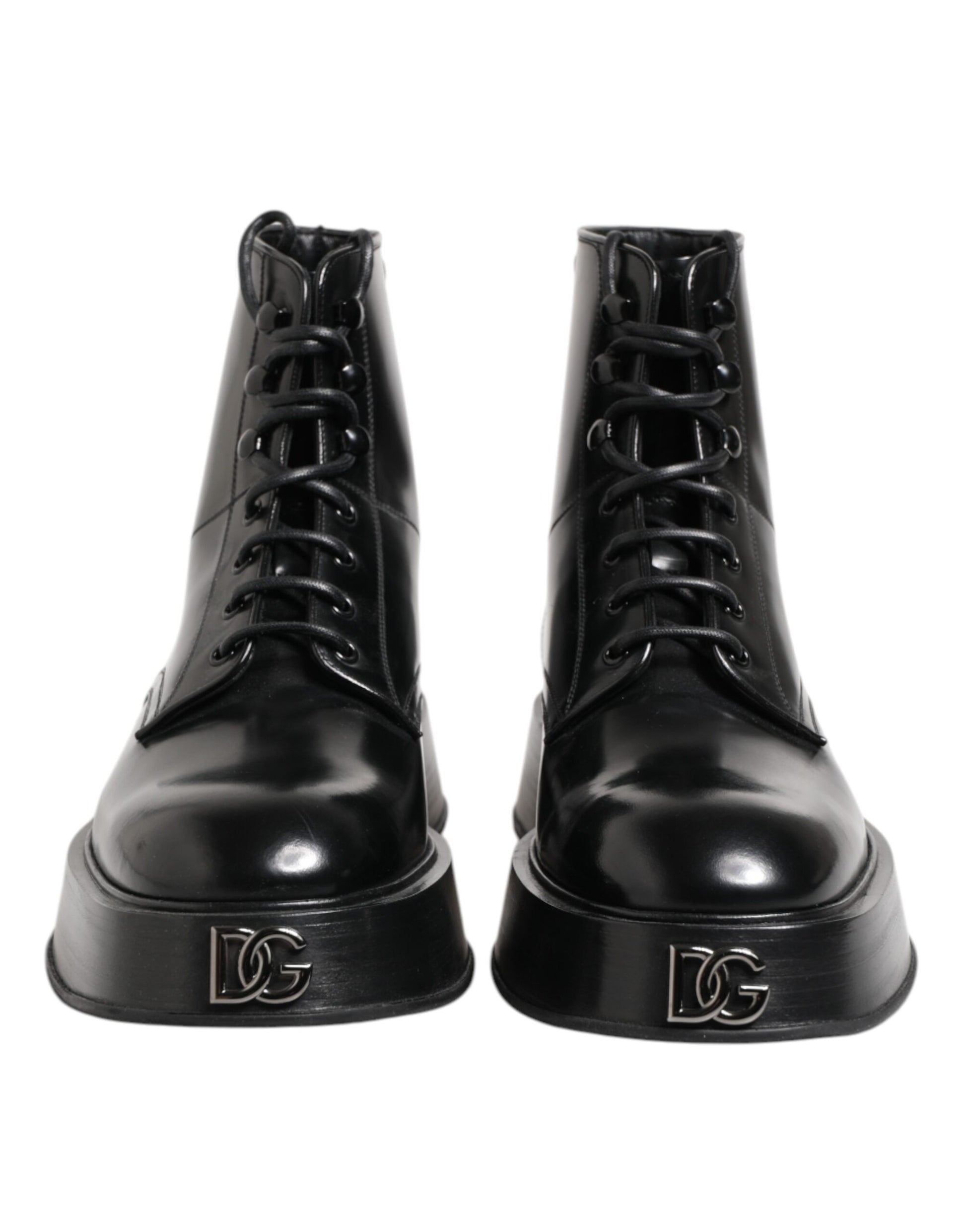Dolce & Gabbana Black Leather Logo Ankle Boots Lace Up Shoes - ACCEXO