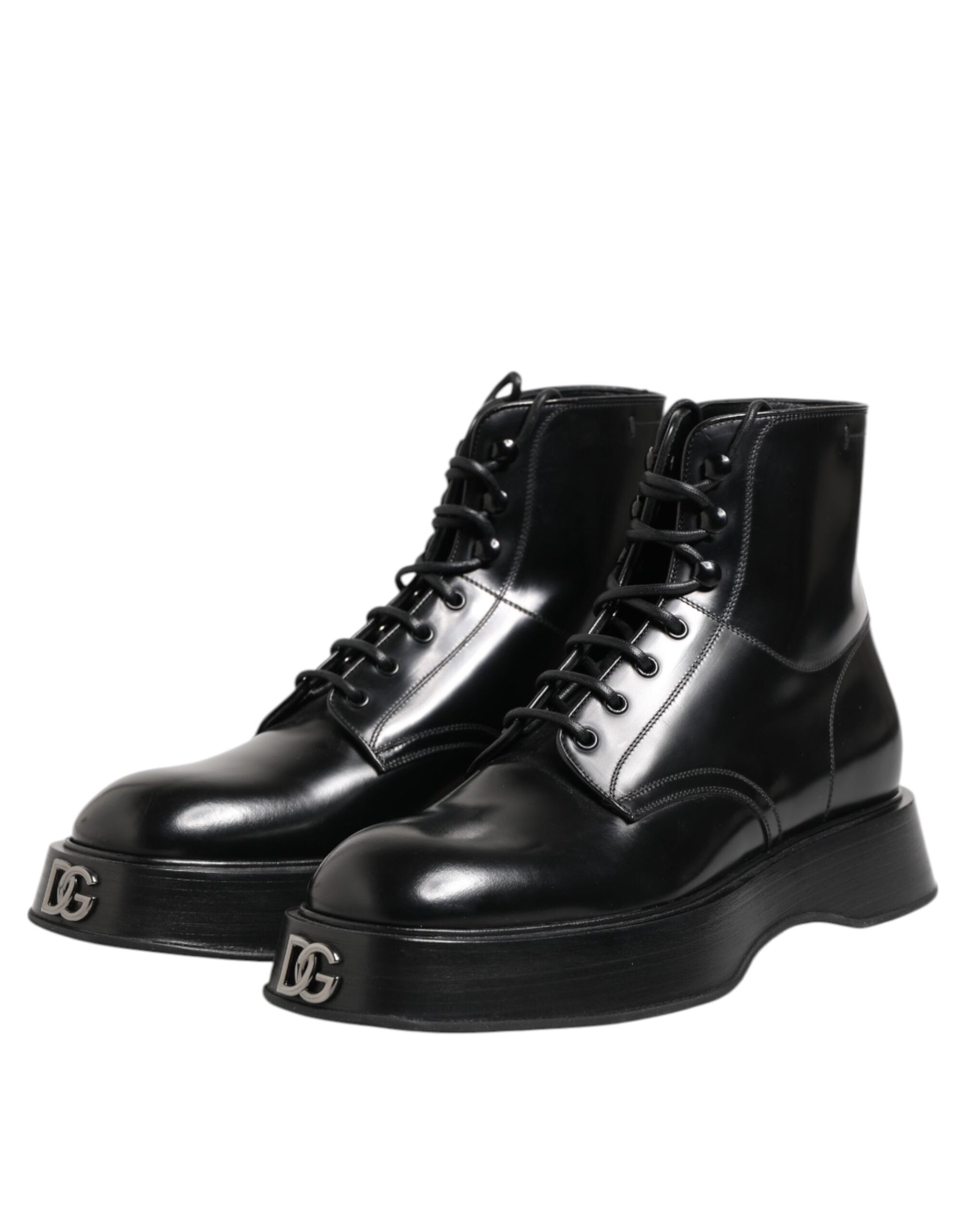 Dolce & Gabbana Black Leather Logo Ankle Boots Lace Up Shoes - ACCEXO