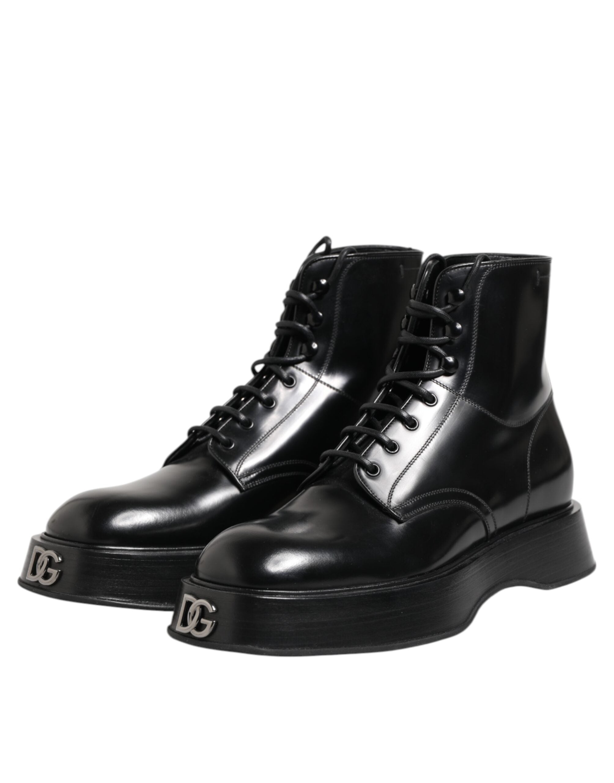 Dolce & Gabbana Black Leather Logo Ankle Boots Lace Up Shoes - ACCEXO