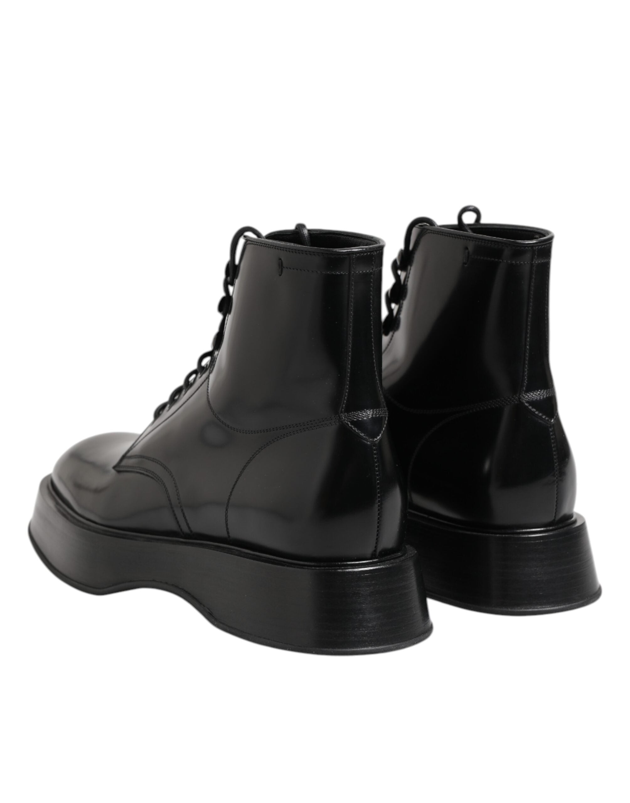 Dolce & Gabbana Black Leather Logo Ankle Boots Lace Up Shoes - ACCEXO