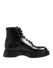 Dolce & Gabbana Black Leather Logo Ankle Boots Lace Up Shoes - ACCEXO