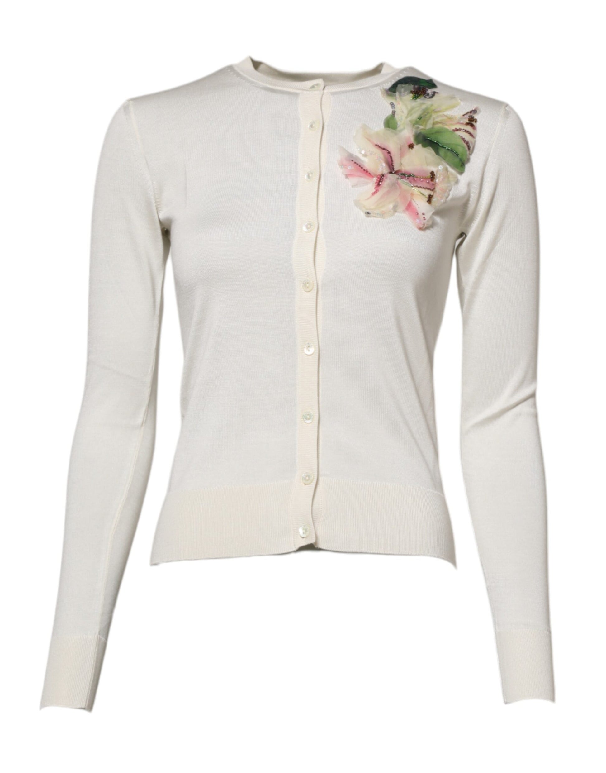 Dolce & Gabbana White Silk Lily Embellished Cardigan Sweater - ACCEXO