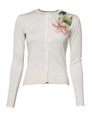 Dolce & Gabbana White Silk Lily Embellished Cardigan Sweater - ACCEXO