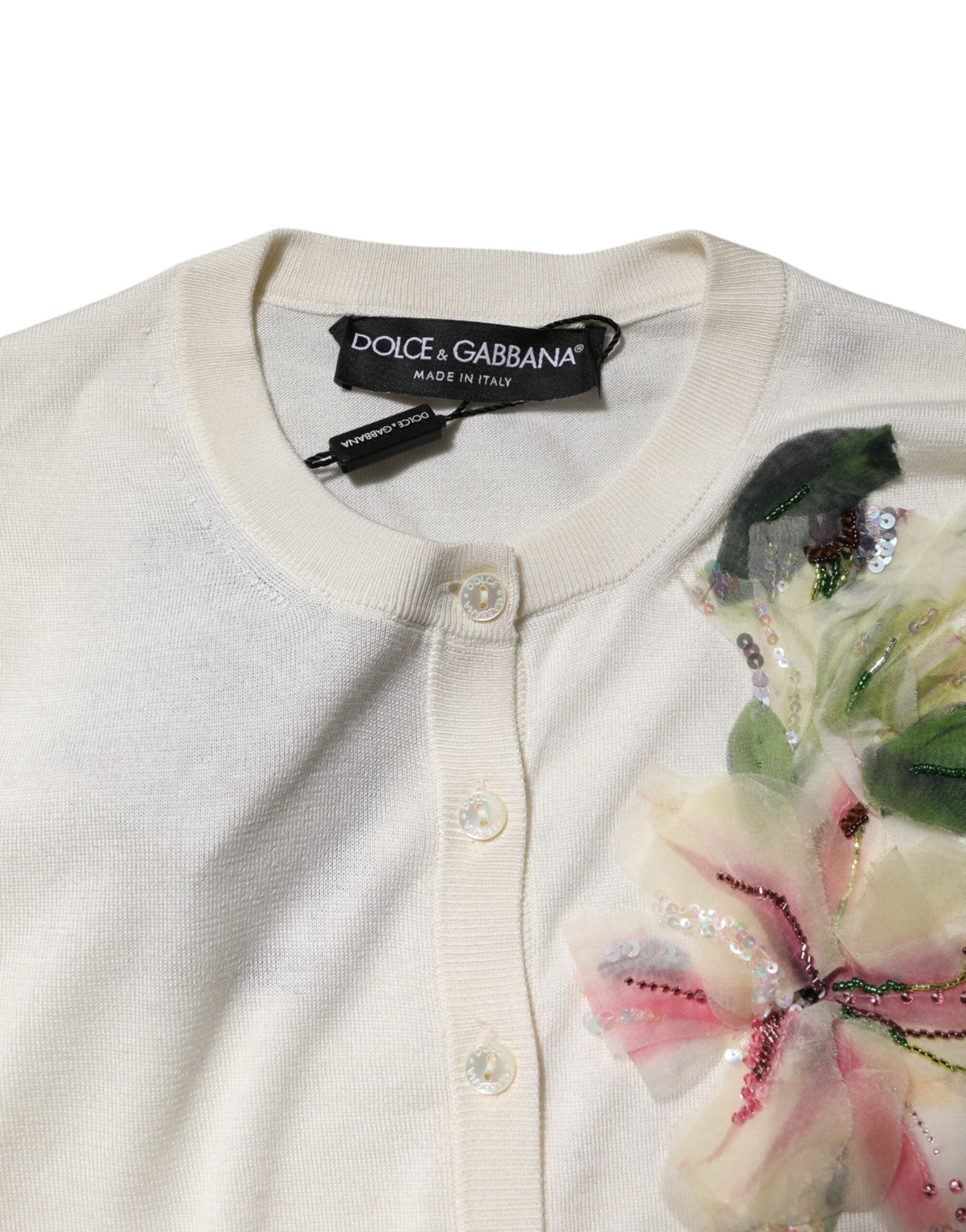 Dolce & Gabbana White Silk Lily Embellished Cardigan Sweater - ACCEXO