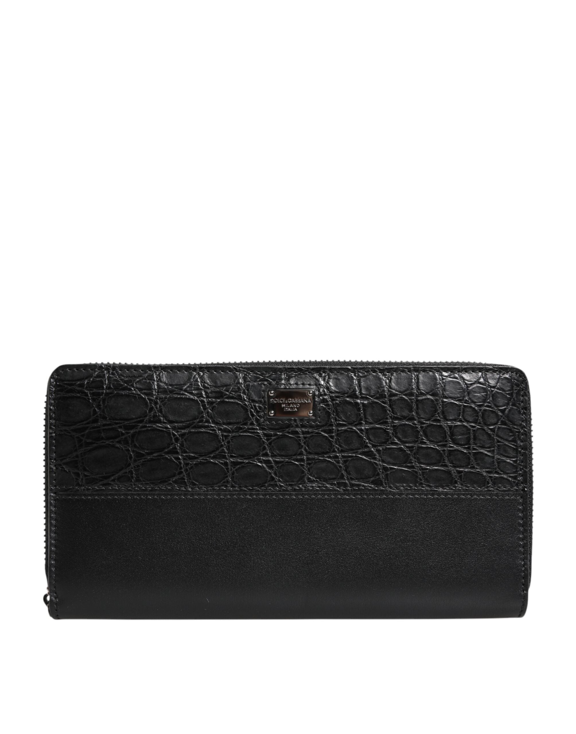 Dolce & Gabbana Black Leather Logo Plaque Zip Around Continental Wallet for Men