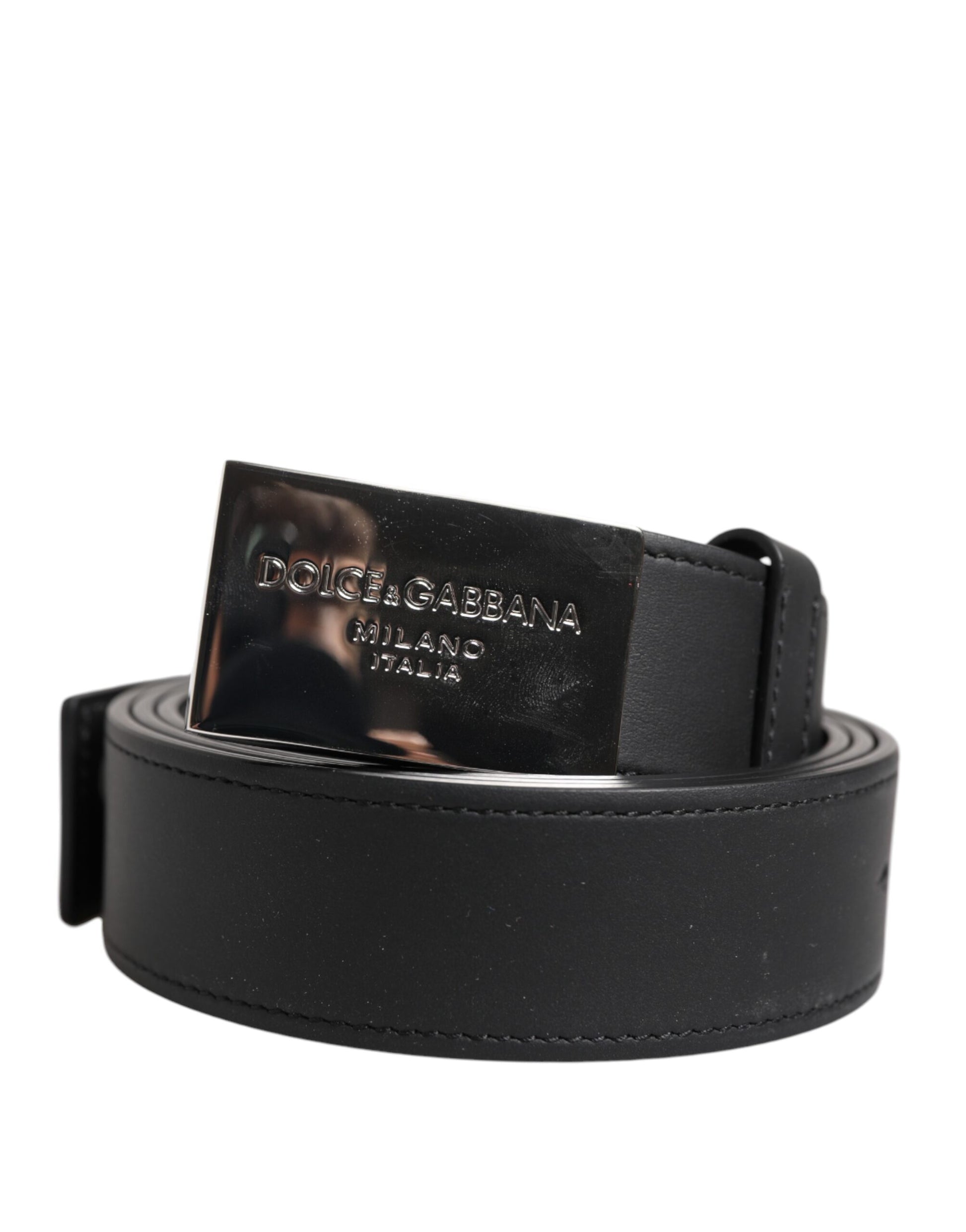 Dolce & Gabbana Black Leather Silver Metal Logo Buckle Belt - ACCEXO