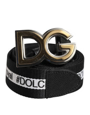 Dolce & Gabbana Black Cotton Metal DG Logo Gold Buckle Belt - ACCEXO