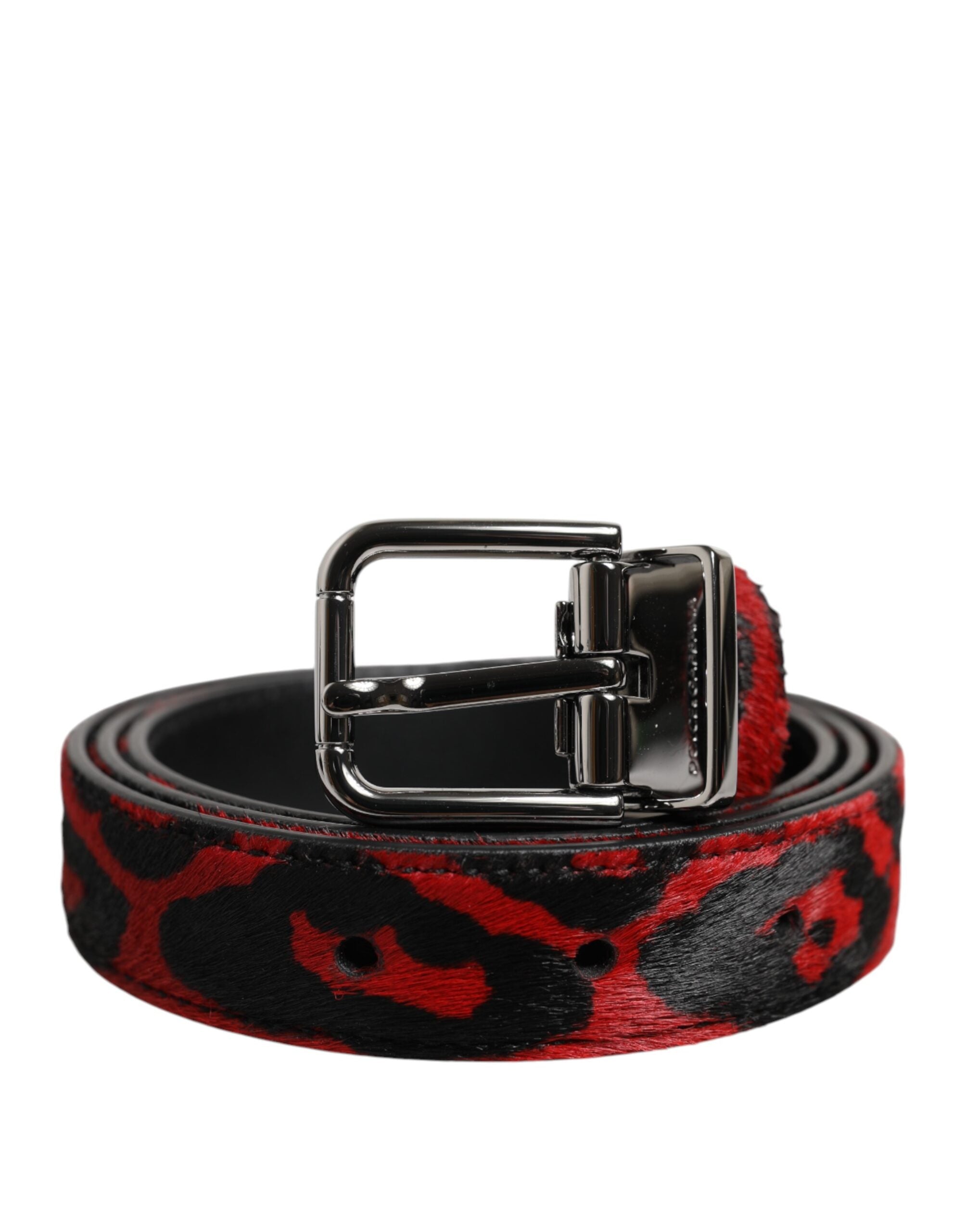 Dolce & Gabbana Black Red Leopard Silver Metal Buckle Belt for Men