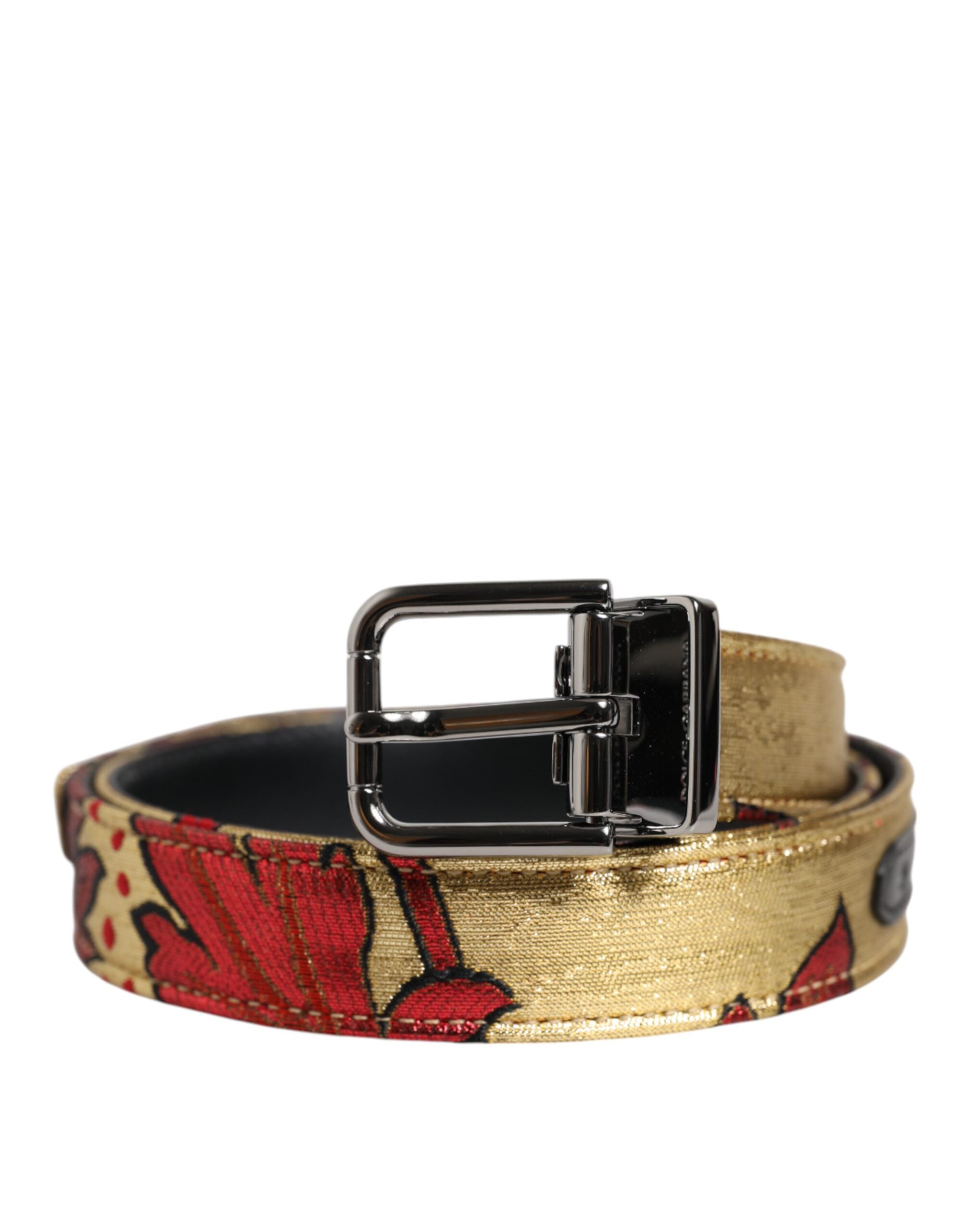 Dolce & Gabbana Gold Floral Jacquard Silver Metal Buckle Belt for Men