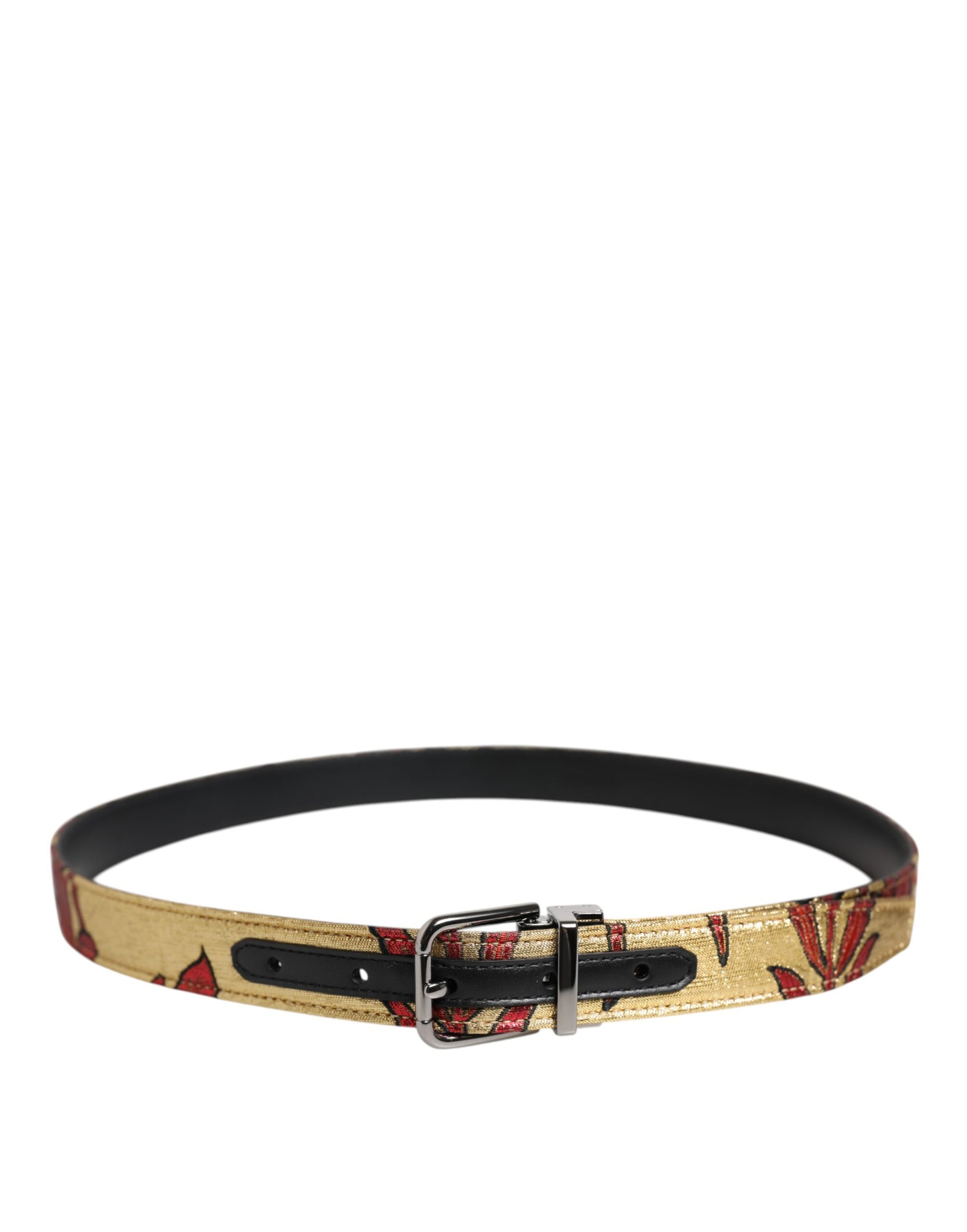 Dolce & Gabbana Gold Floral Jacquard Silver Metal Buckle Belt - ACCEXO