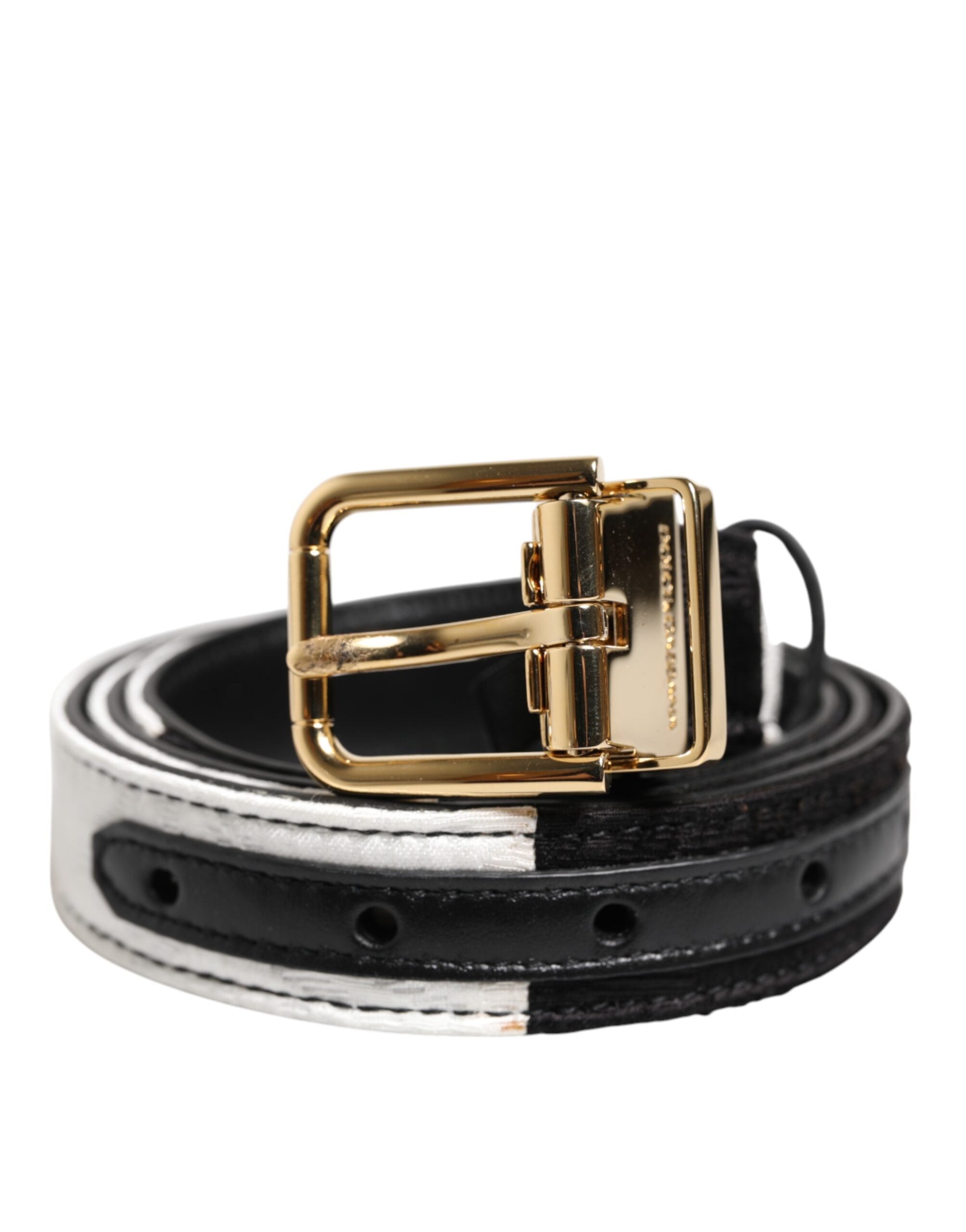 Dolce & Gabbana Black White Patchwork Gold Metal Buckle Belt for Women