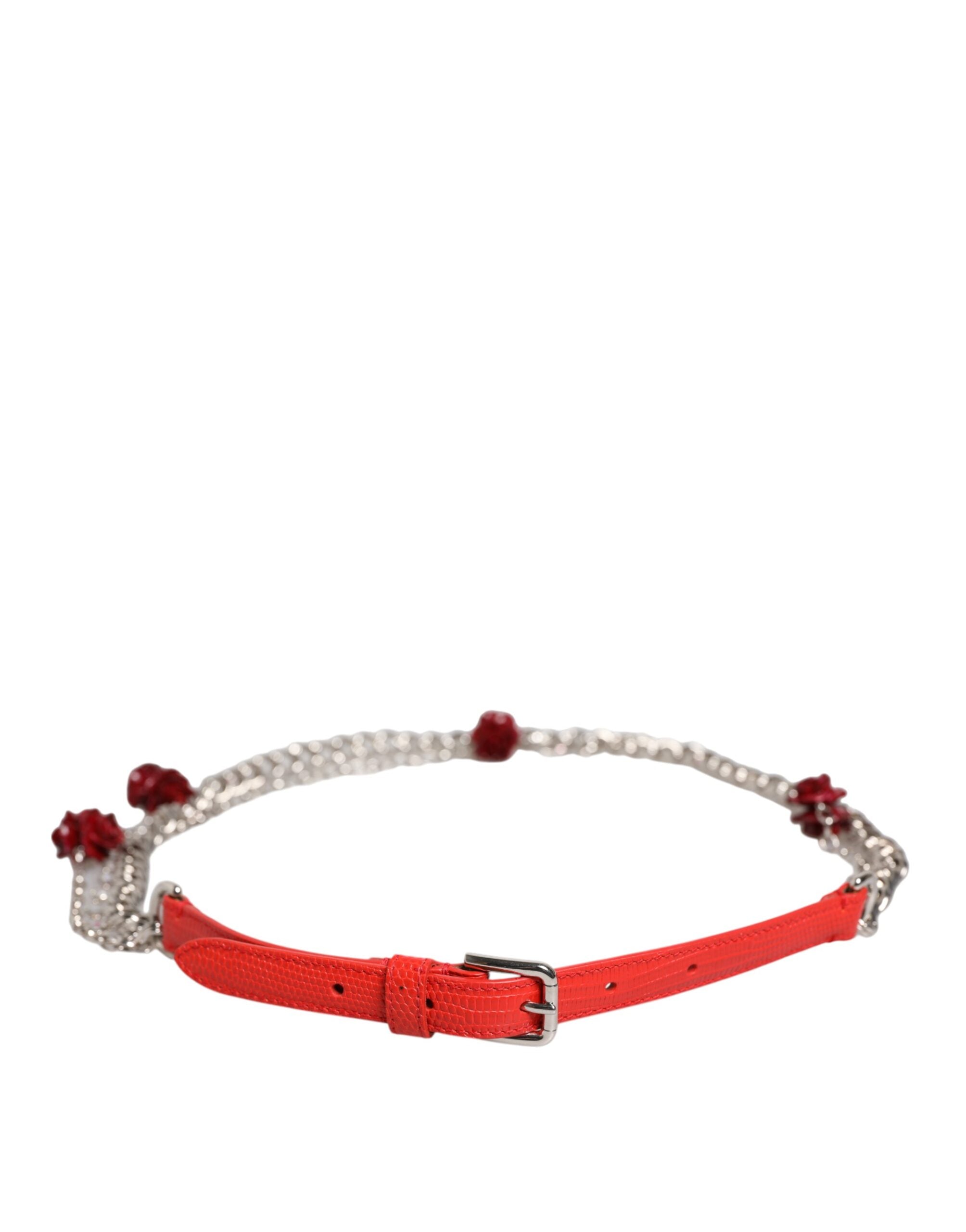 Dolce & Gabbana Red Leather Silver Chain Floral Cintura Belt for Women