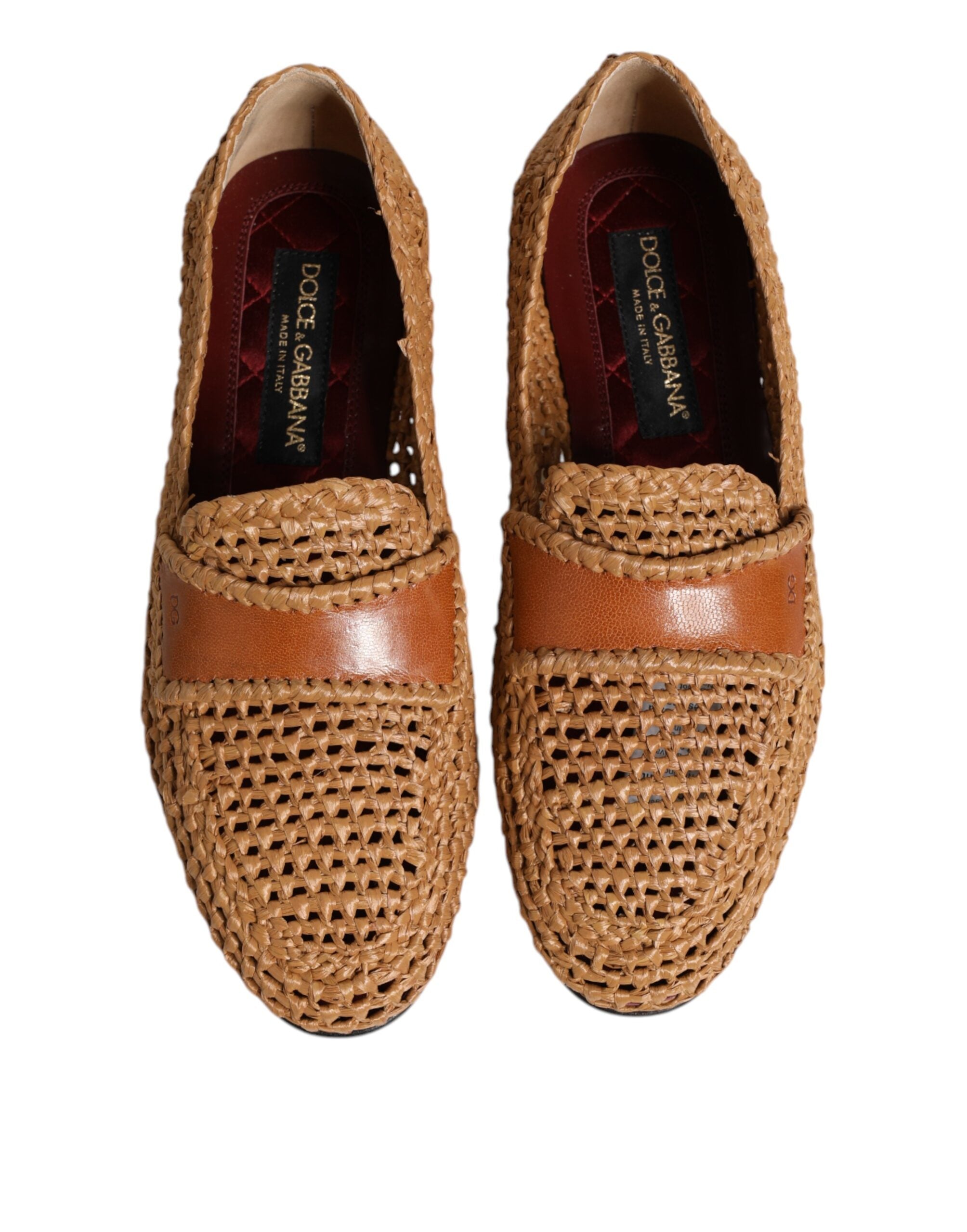 Dolce & Gabbana Brown Woven Raffia Slip On Loafers Shoes - ACCEXO