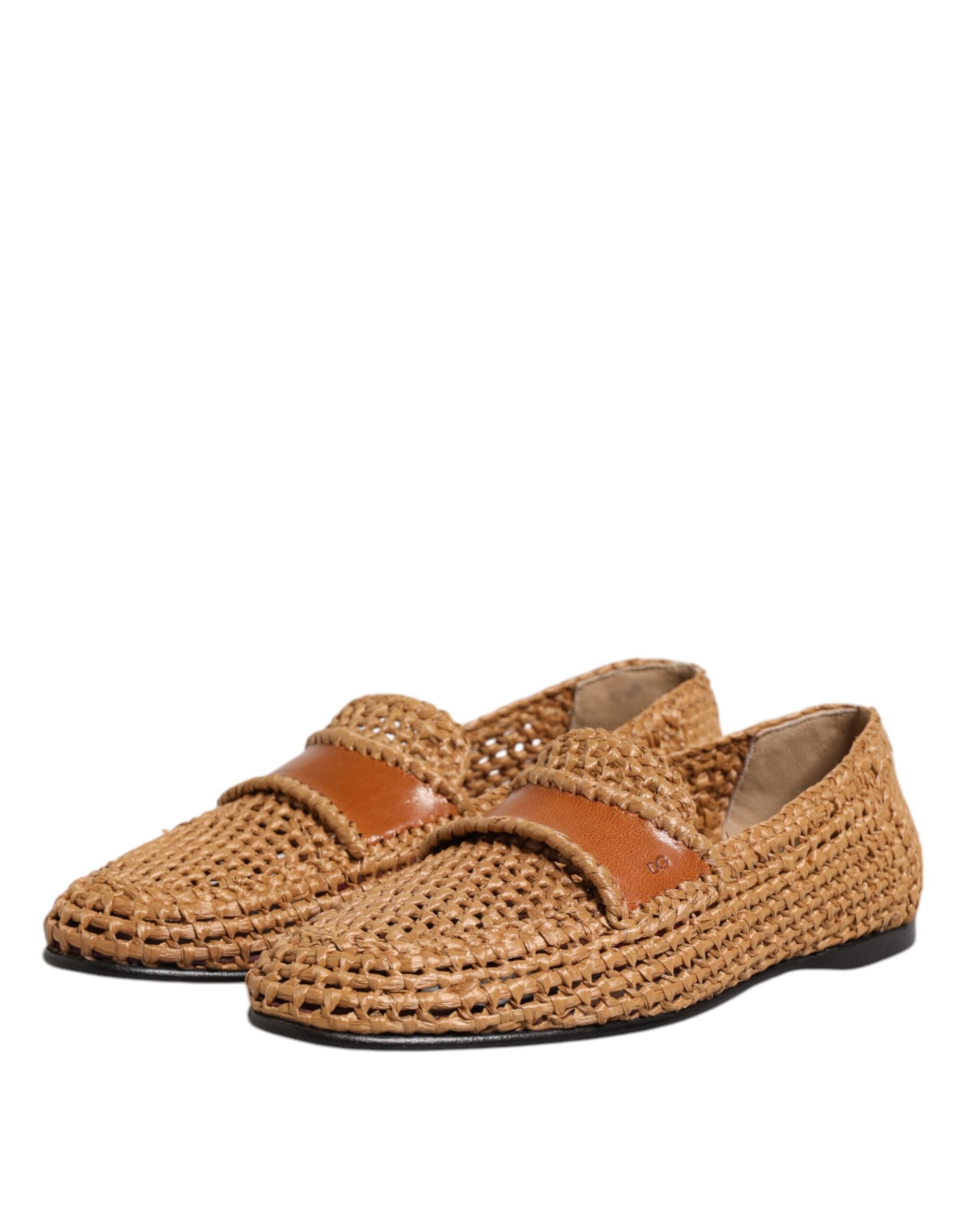 Dolce & Gabbana Brown Woven Raffia Slip On Loafers Shoes - ACCEXO
