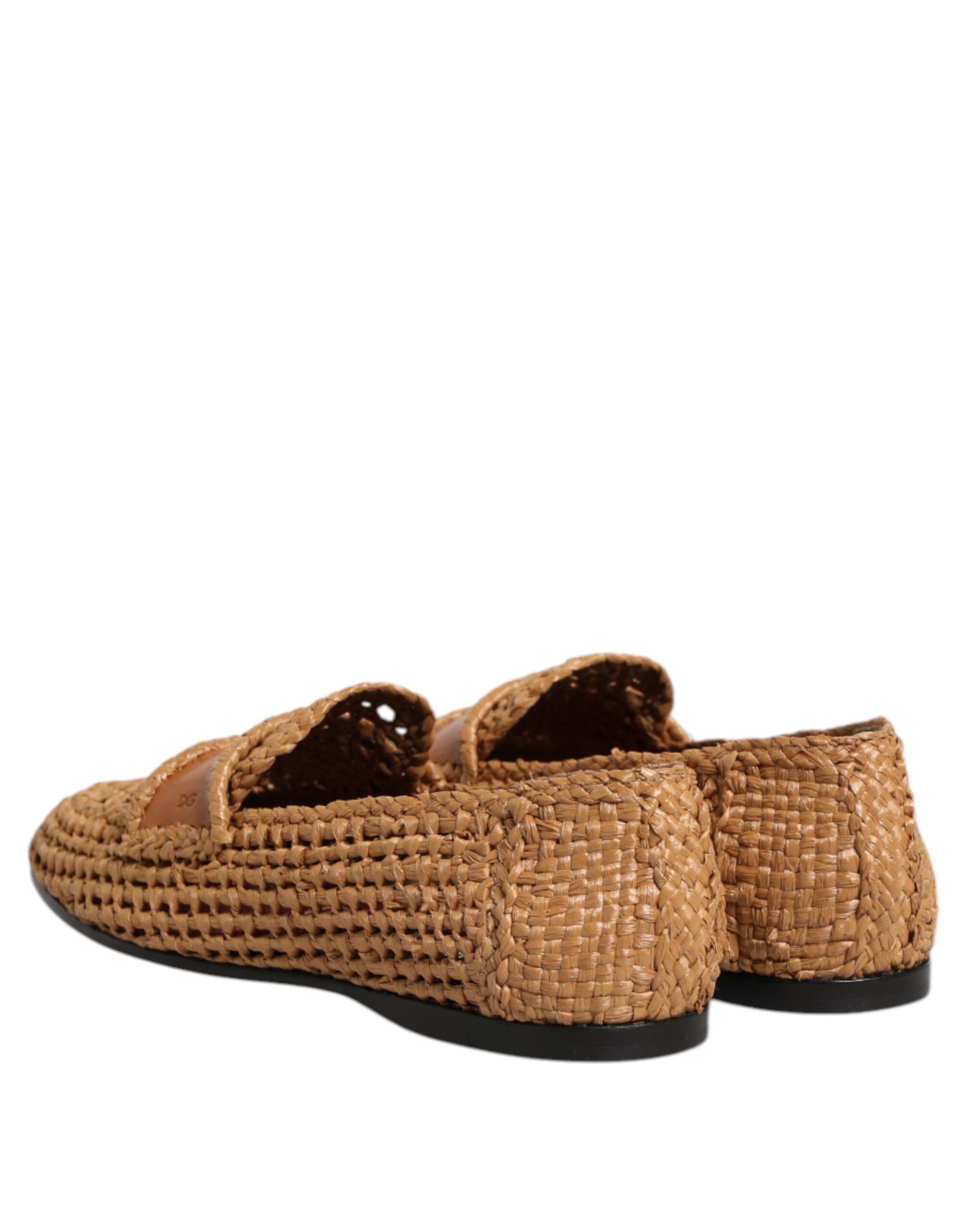 Dolce & Gabbana Brown Woven Raffia Slip On Loafers Shoes - ACCEXO
