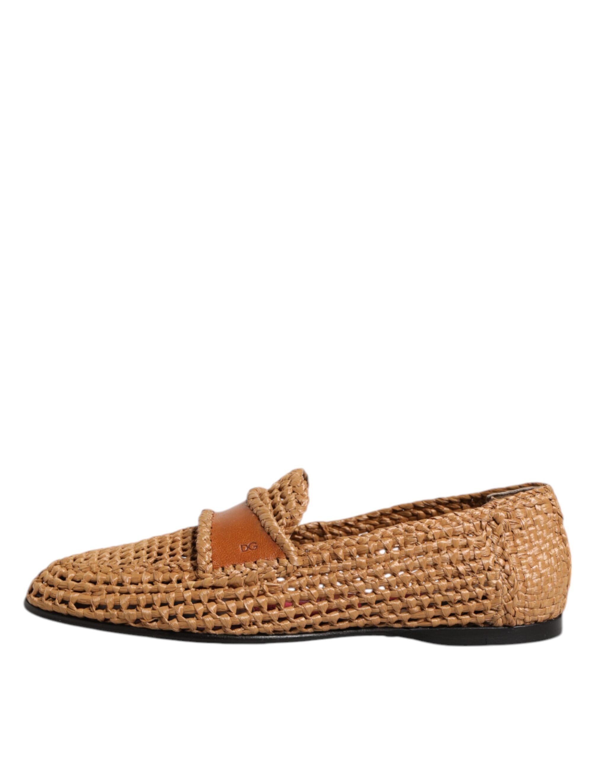 Dolce & Gabbana Brown Woven Raffia Slip On Loafers Shoes - ACCEXO