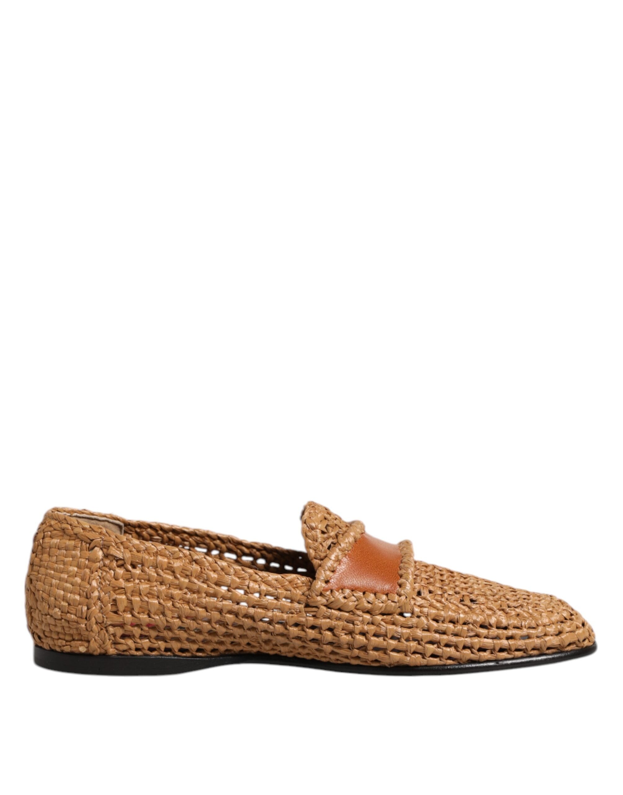 Dolce & Gabbana Brown Woven Raffia Slip On Loafers Shoes - ACCEXO