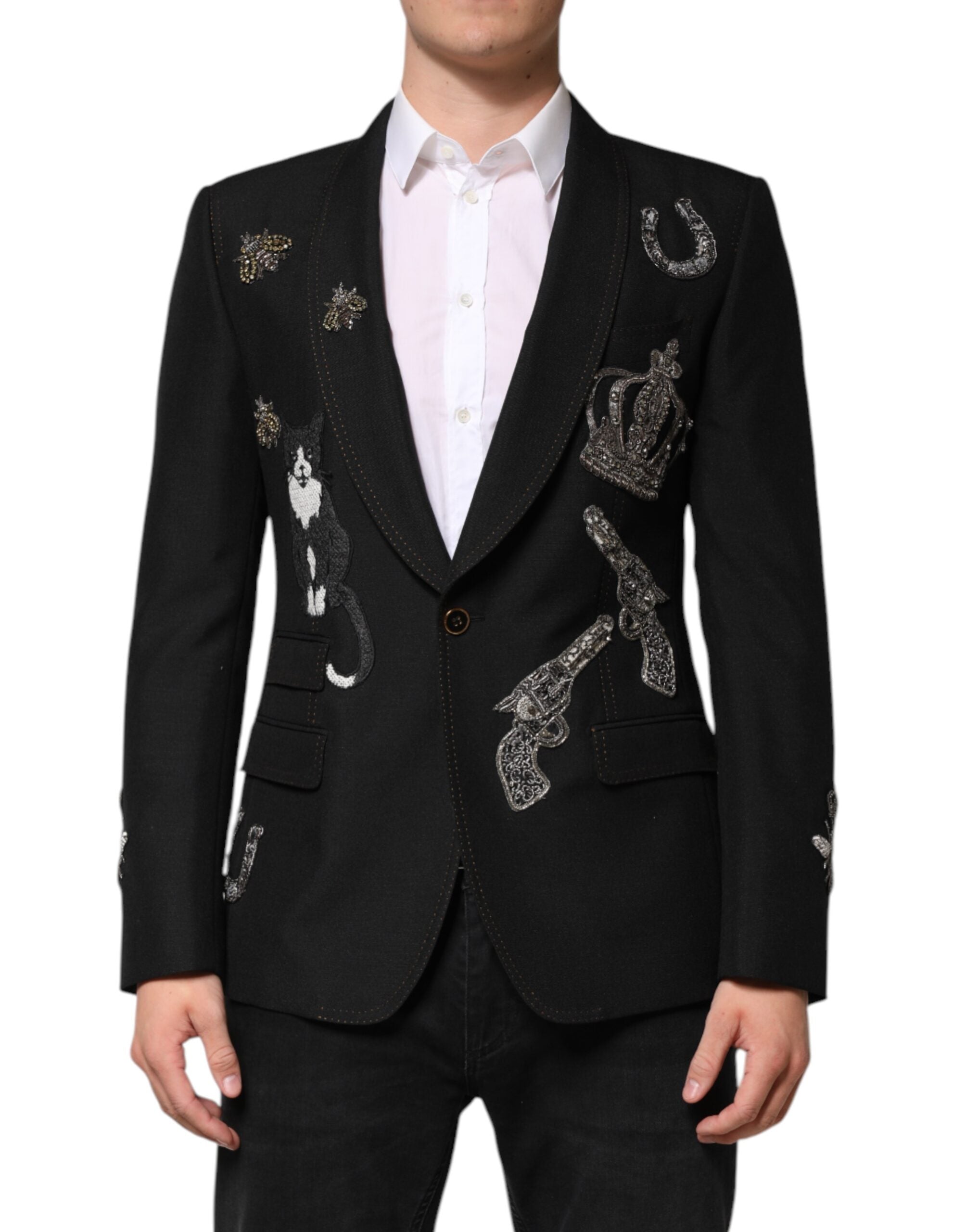 Dolce & Gabbana Black Bee Crown Embellished Suit Coat Blazer Secondary image