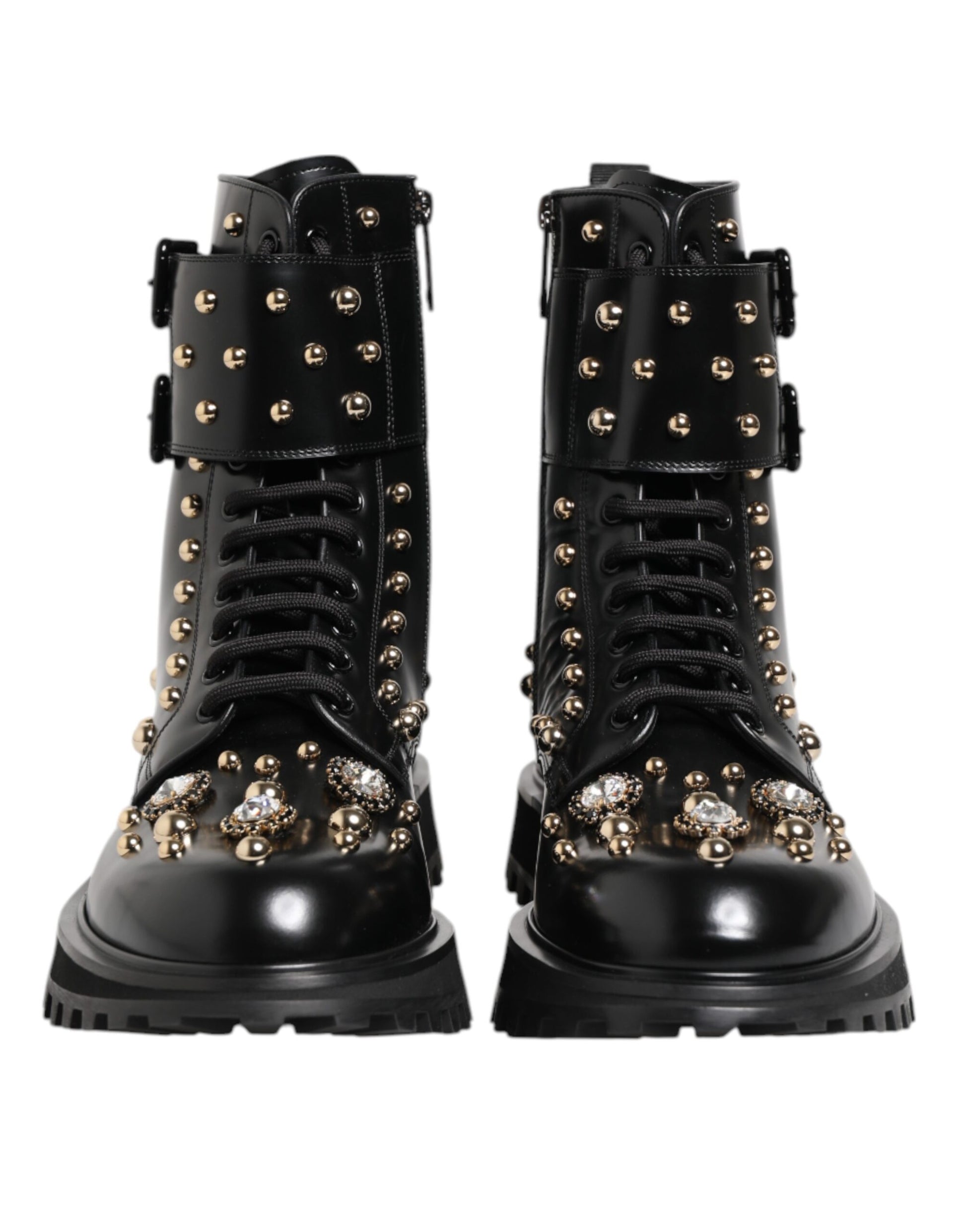Dolce & Gabbana Black Studded Lace Up Mid Calf Boots Shoes - ACCEXO