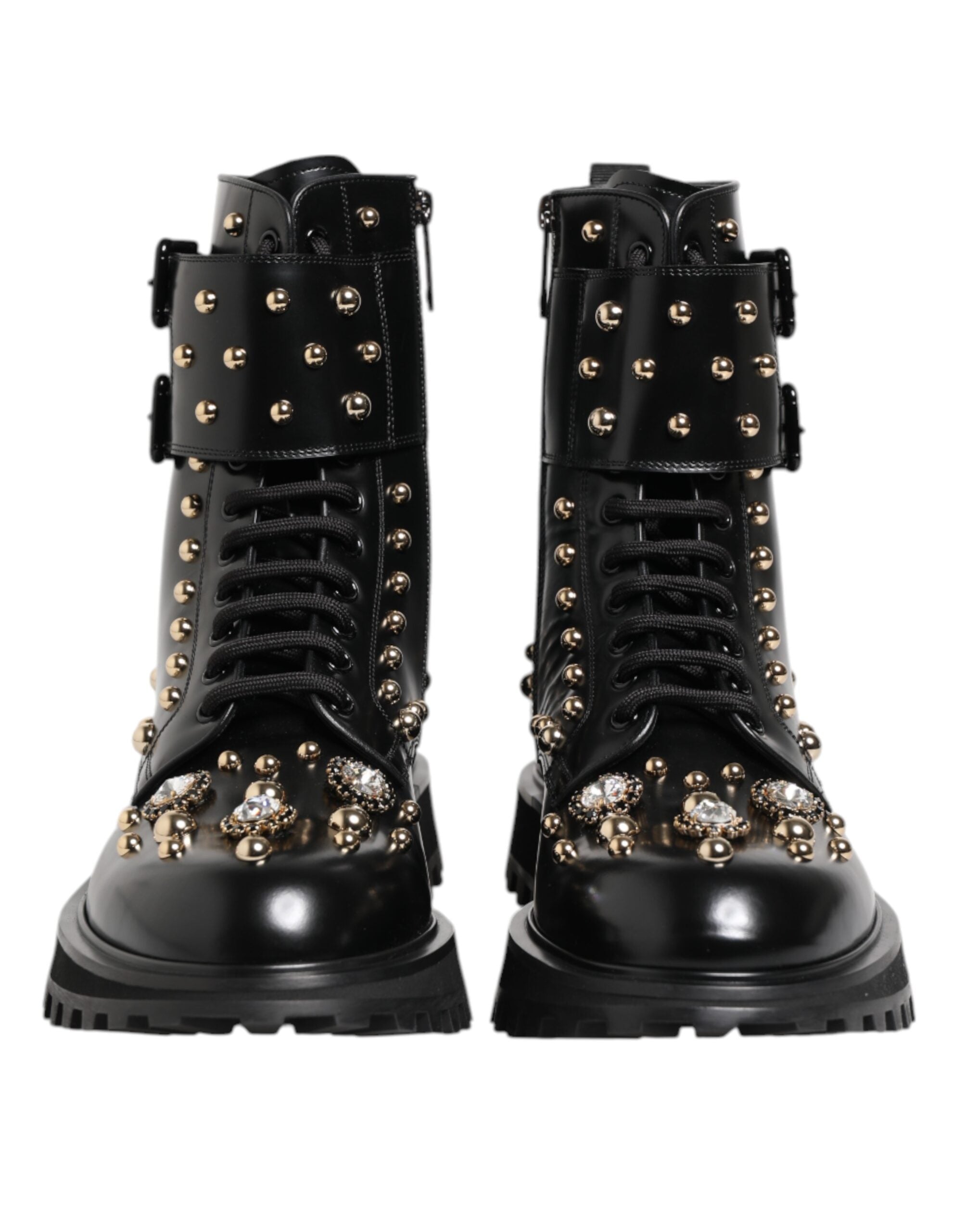 Dolce & Gabbana Black Studded Lace Up Mid Calf Boots Shoes - ACCEXO