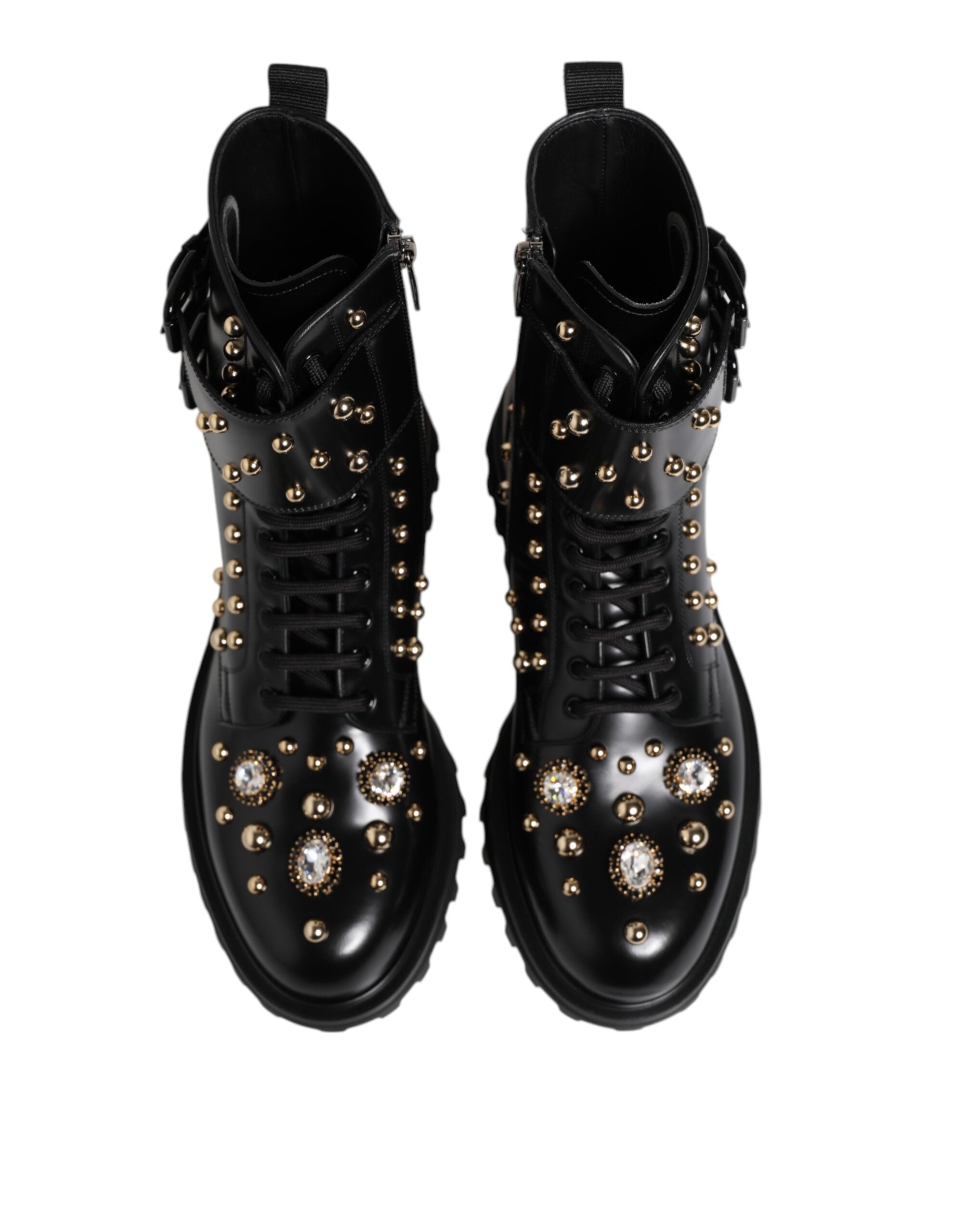 Dolce & Gabbana Black Studded Lace Up Mid Calf Boots Shoes - ACCEXO