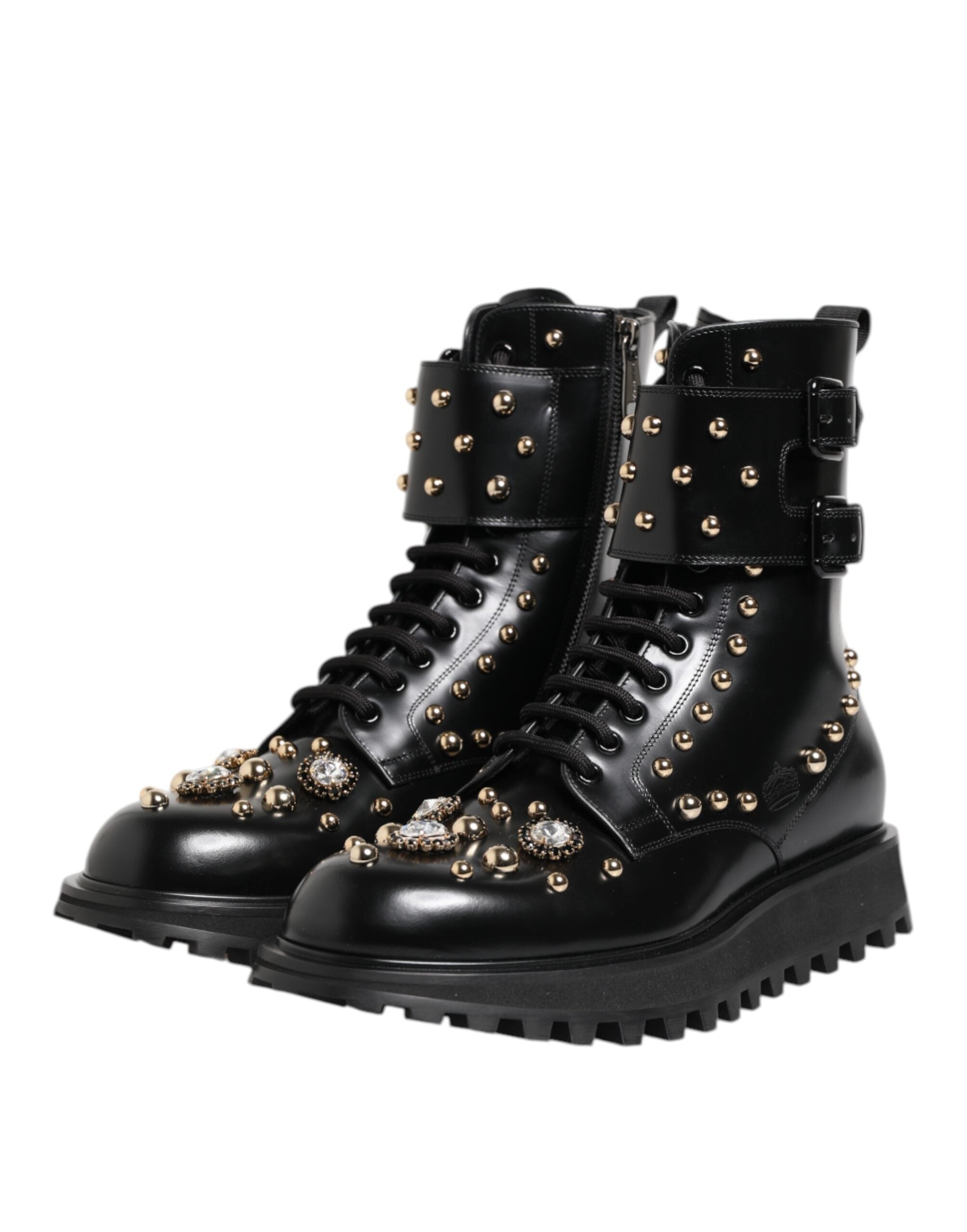 Dolce & Gabbana Black Studded Lace Up Mid Calf Boots Shoes - ACCEXO