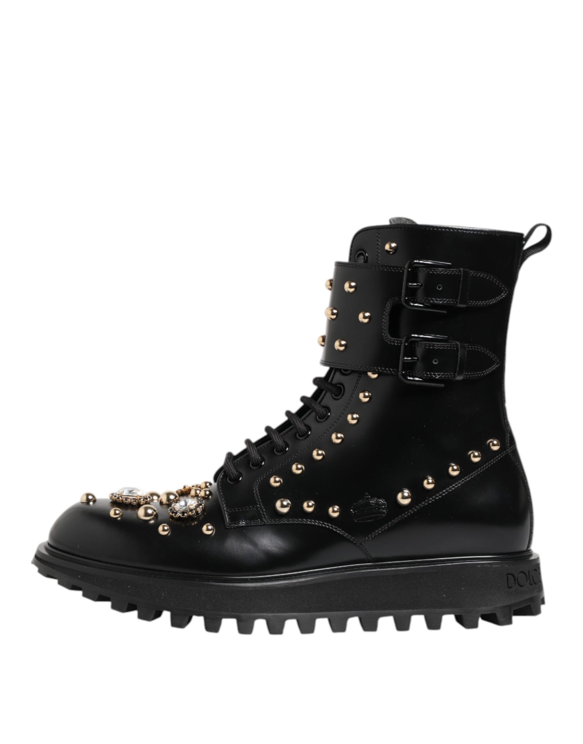 Dolce & Gabbana Black Studded Lace Up Mid Calf Boots Shoes - ACCEXO