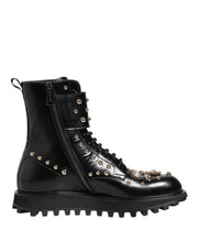 Dolce & Gabbana Black Studded Lace Up Mid Calf Boots Shoes - ACCEXO