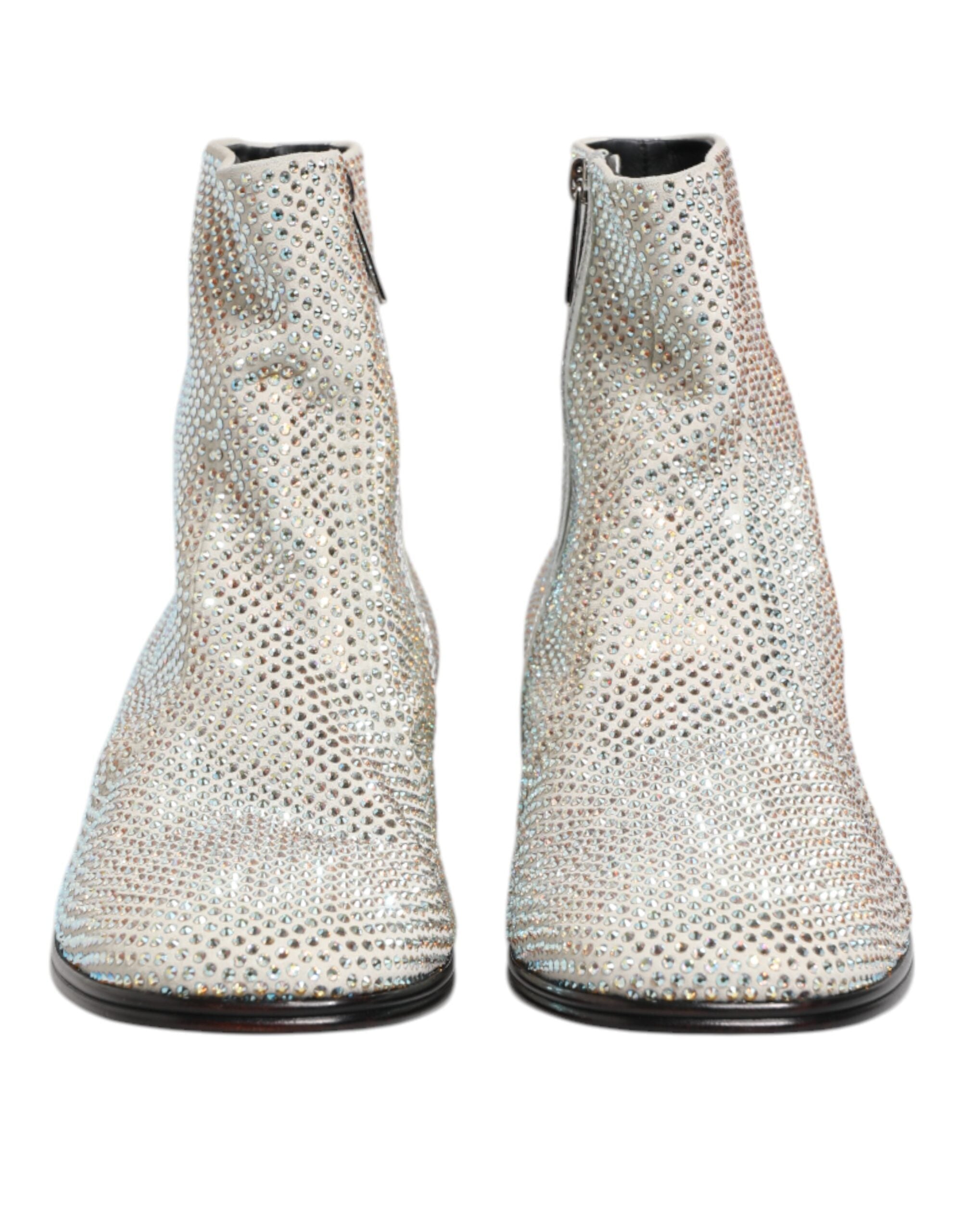 Dolce & Gabbana White Strass DG Logo Heels Ankle Boots Shoes - ACCEXO