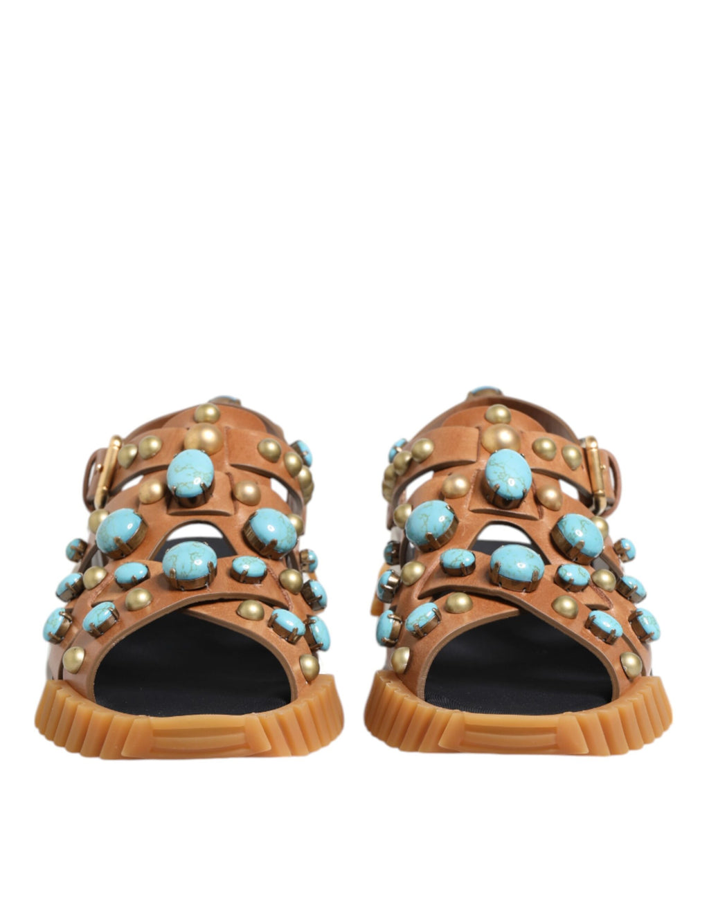 Dolce & Gabbana Brown Leather Studded Slides Sandals Shoes - ACCEXO