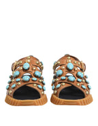 Dolce & Gabbana Brown Leather Studded Slides Sandals Shoes - ACCEXO