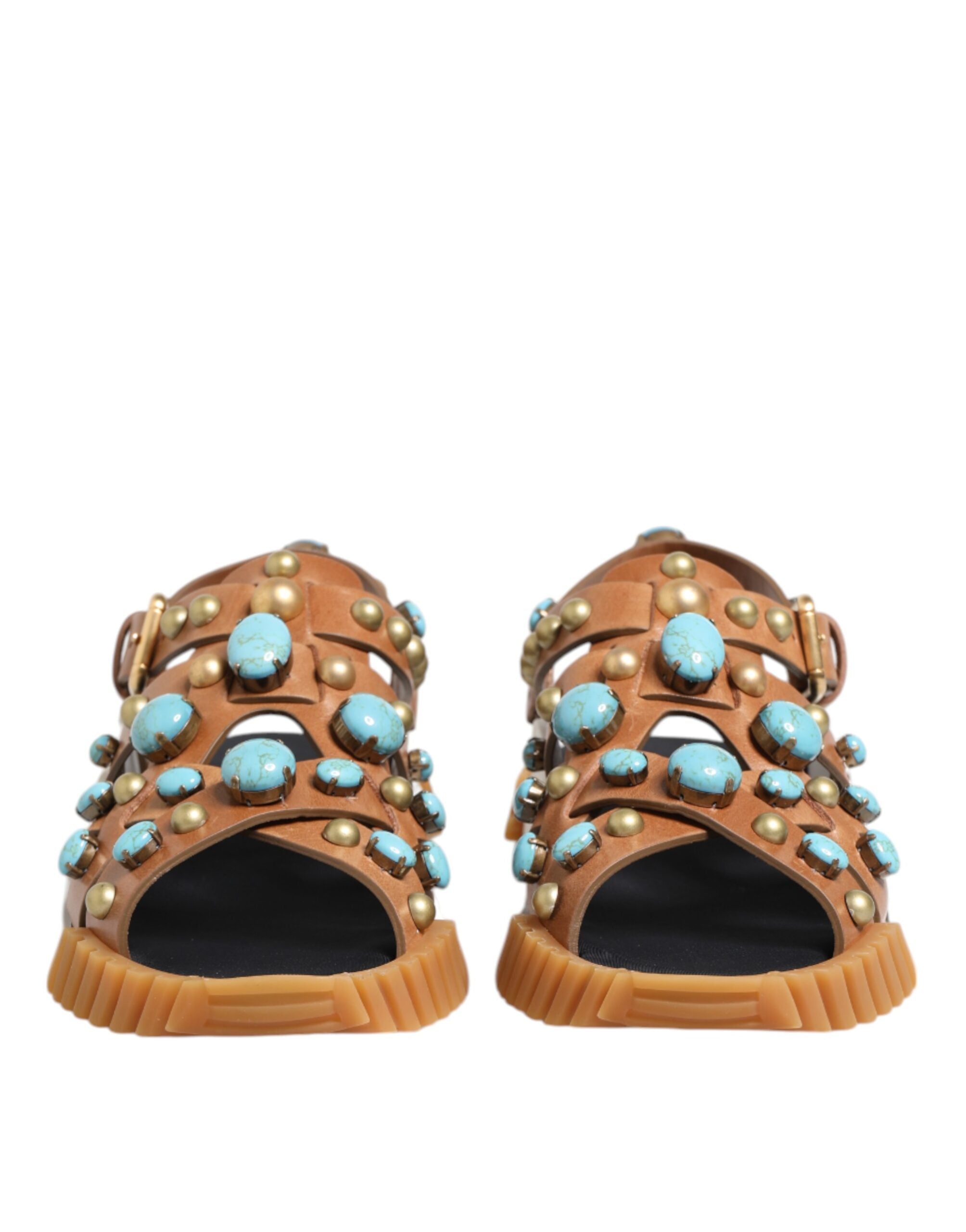 Dolce & Gabbana Brown Leather Studded Slides Sandals Shoes - ACCEXO